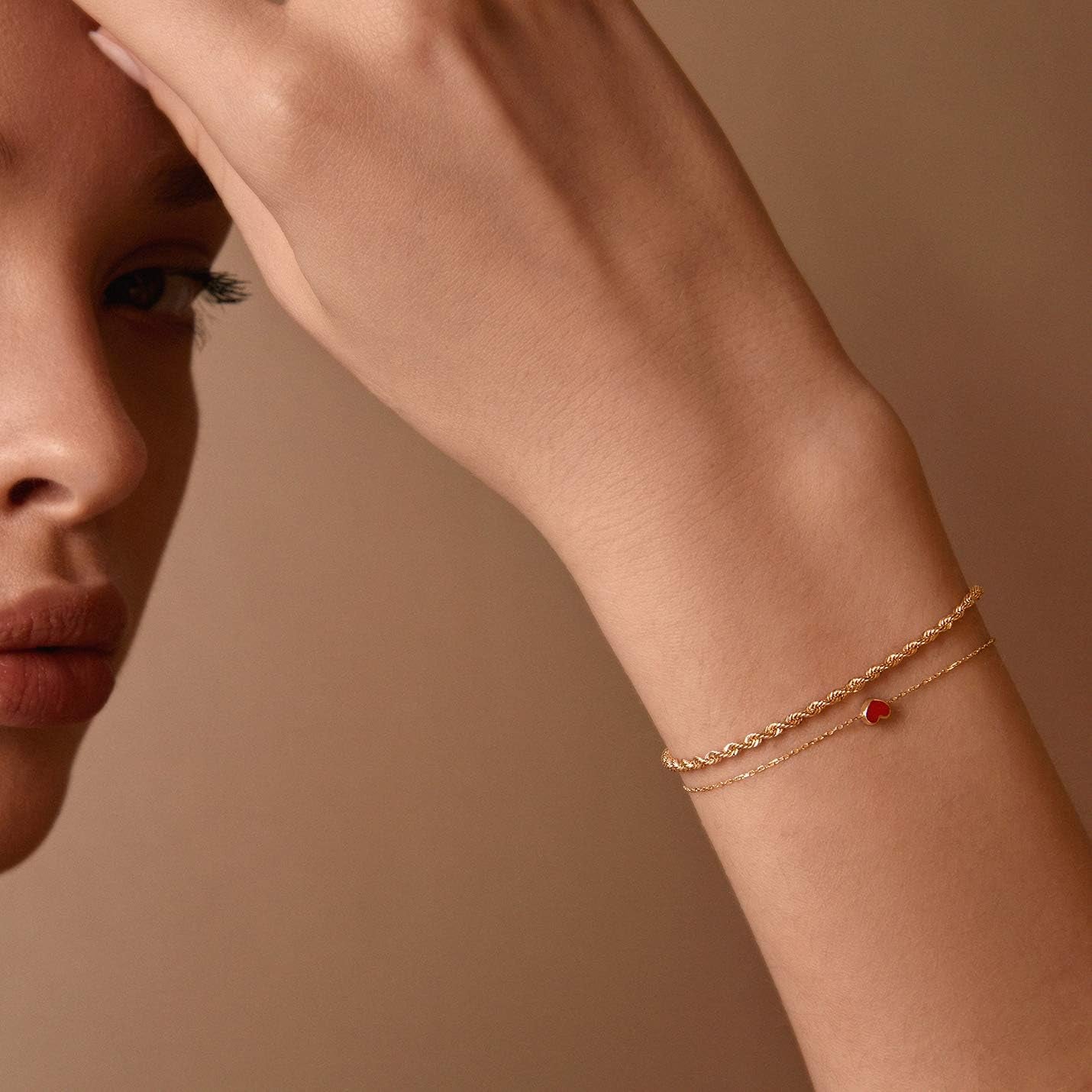 14K Solid Gold Red Heart Bracelet for Women, Adjustable 6+1 Inch Dainty Chain