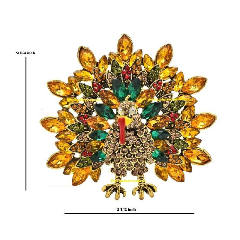 Turkey Thanksgiving Day Fall Crystal Rhinestone Brooch Pin with Velvet Bag