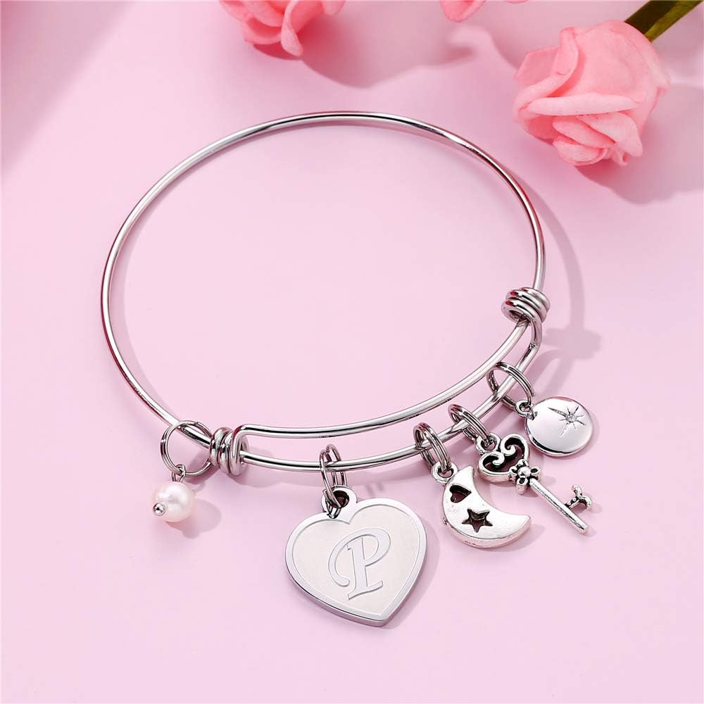 Initial Charm Bracelet for Women – Engraved Stainless Steel Bangle Personalized Gift for Her