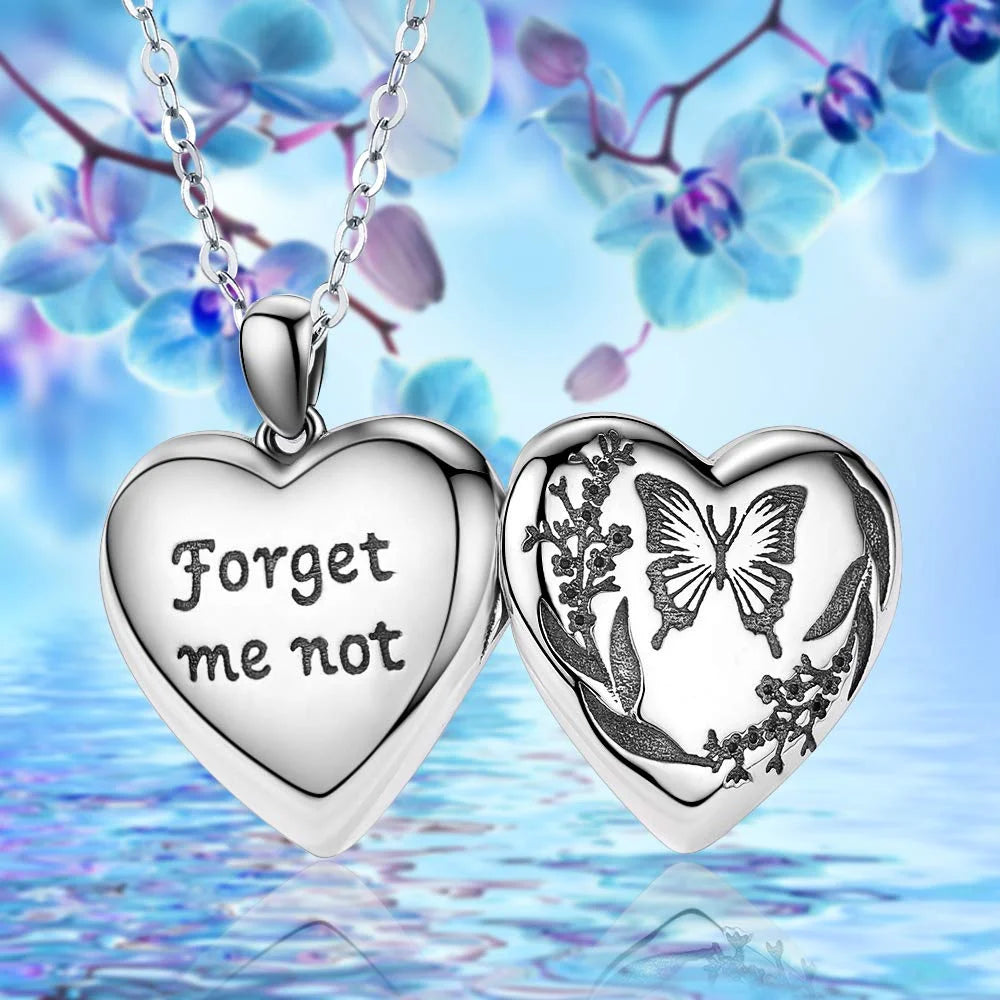 925 Sterling Silver Butterfly Heart Locket Necklace – Memorial Picture Pendant Jewelry