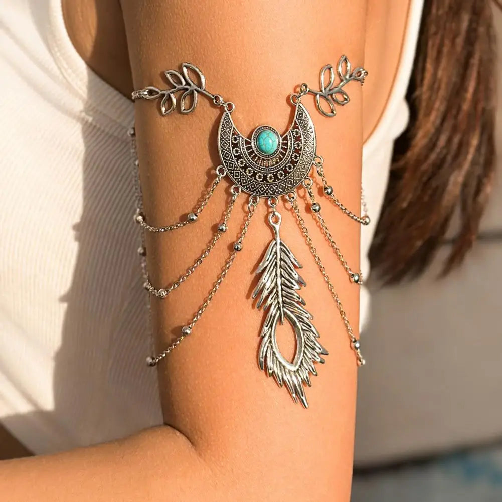 Women’s Arm Chain Feather Shape Bohemian Retro Leaf Tassel Faux Turquoise Arm Bracelet – Beach Party & Wedding Jewelry Accessory
