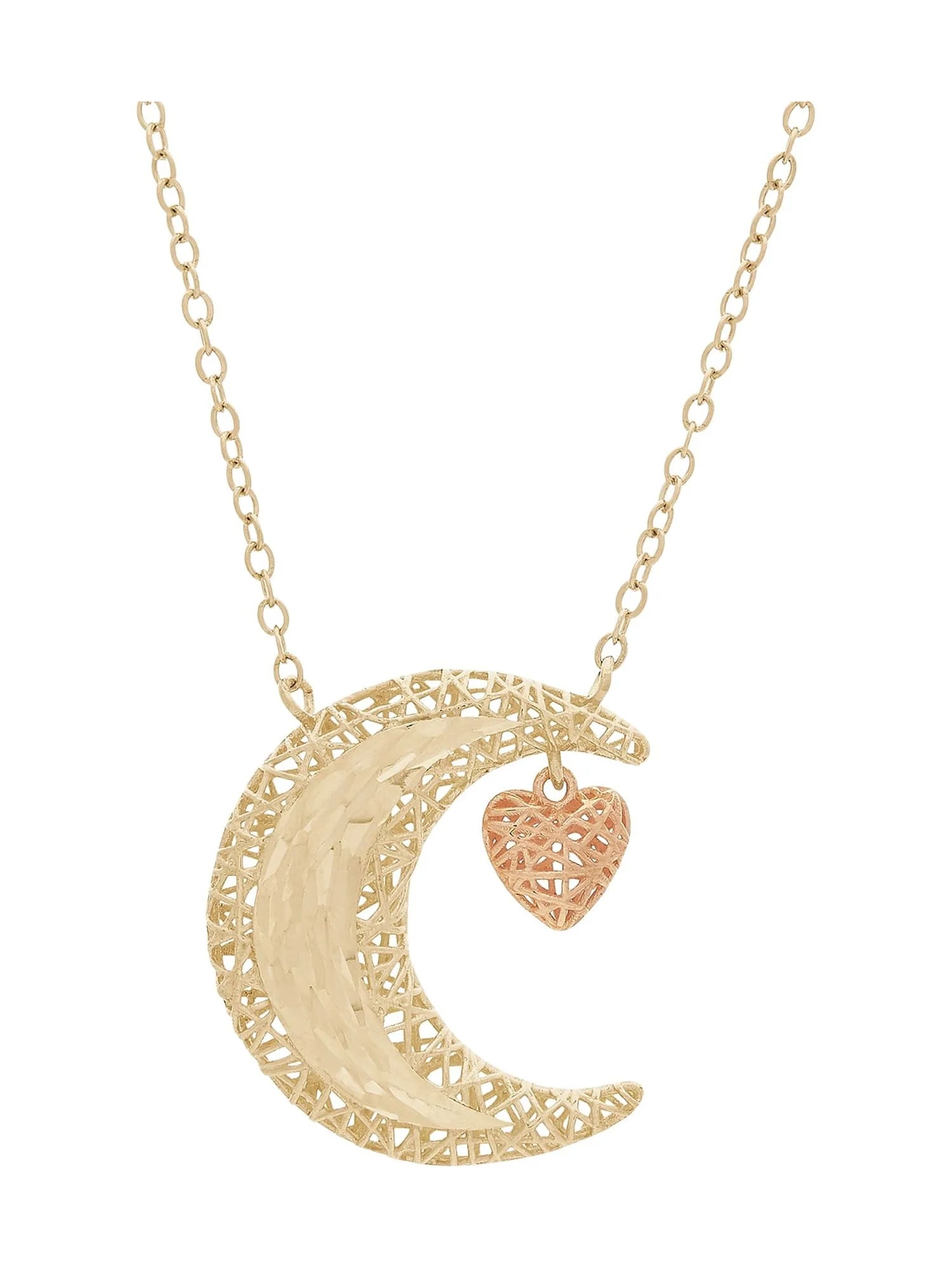 10K Yellow & Rose Gold Celestial Moon and Heart Necklace – 18" Puffed Pendant with Diamond-Cut Finish
