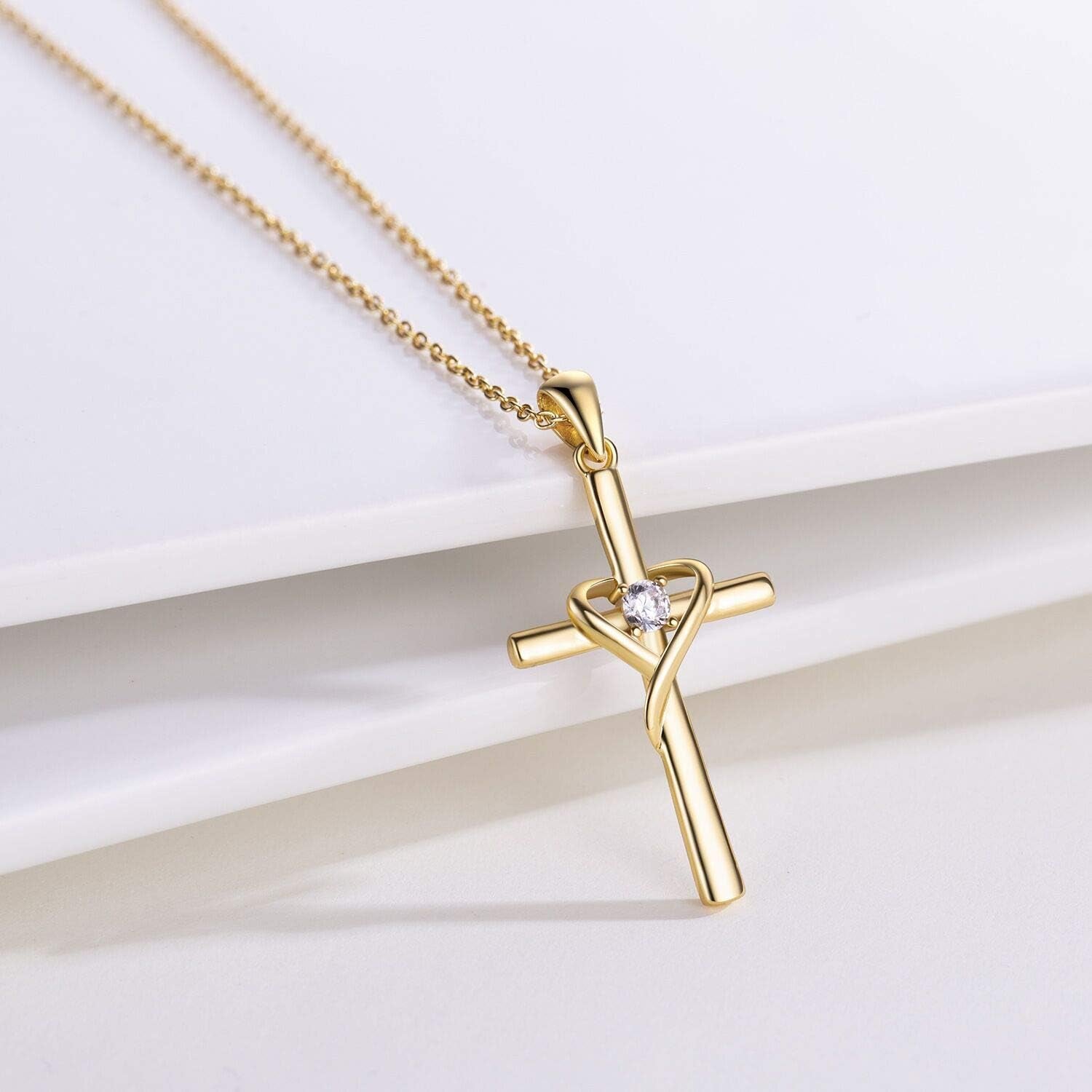 925 Sterling Silver Cross Necklace for Women Men 5A CZ Birthstone Necklaces 14K Gold Plated or Rose Gold Necklace for Easter or Mother&