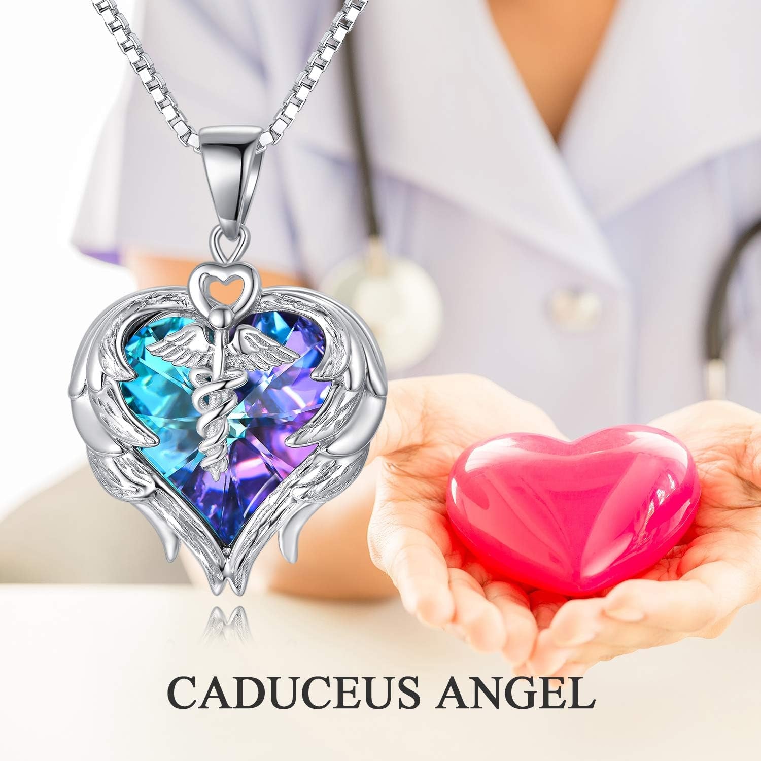 925 Sterling Silver Nurse Necklace – Caduceus Angel Wing Heart Pendant with Austrian Crystal, Gift for Nurses, Doctors & Medical Students