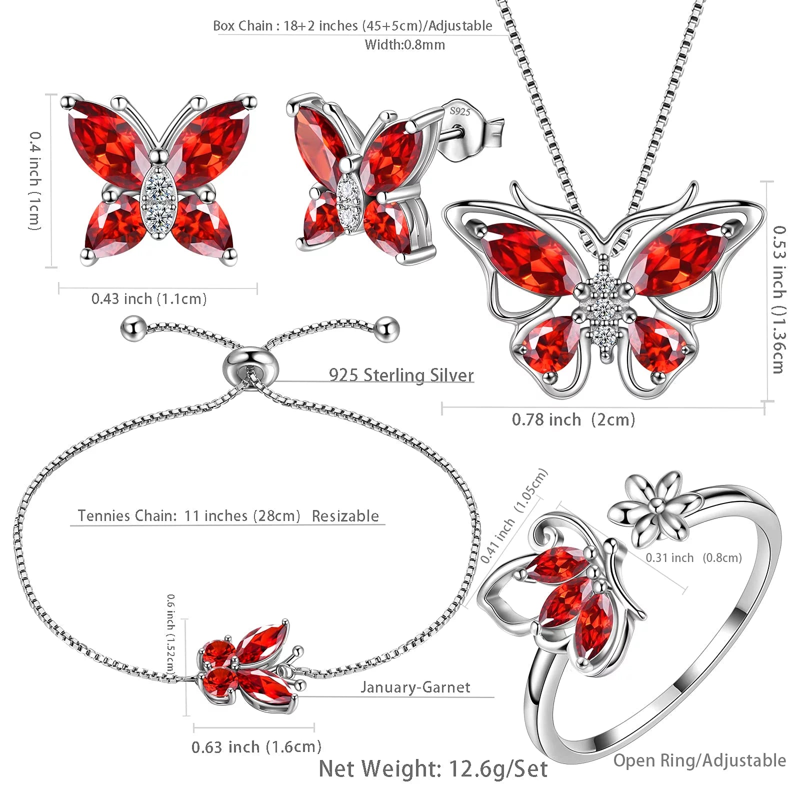 January Birthstone Jewelry Set – Red Butterfly Garnet Necklace, Earrings, Ring & Bracelet in Sterling Silver for Women