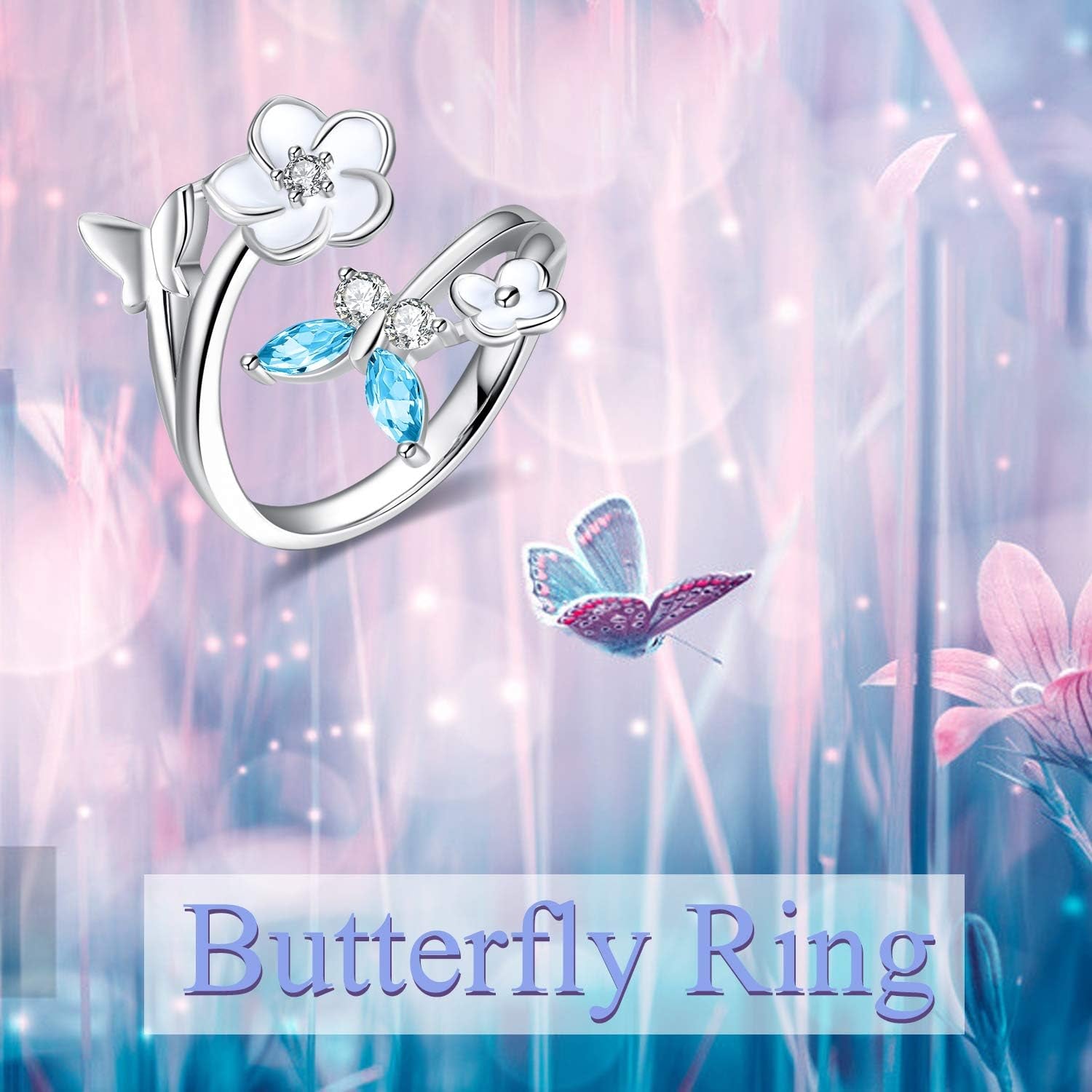 Sterling Silver Butterfly Ring with Cubic Zirconia Flower – Adjustable Band Jewelry for Women