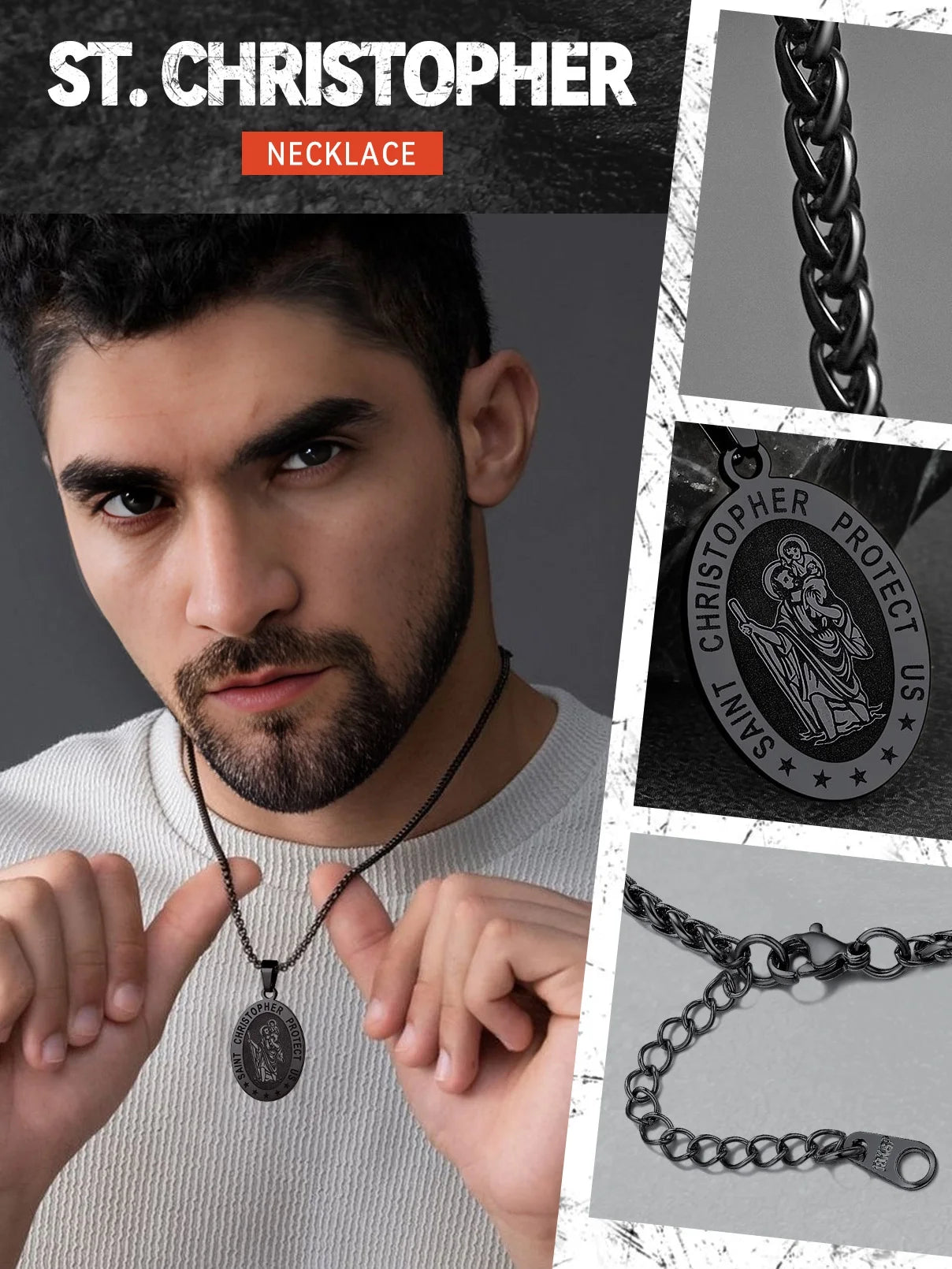 Saint/St. Christopher Pendant Necklace for Men Women Stainless Steel Catholic Christian Oval Medal Blessings Amulet Black Men Jewelry Gift for Dad Grandpa Fathers Day