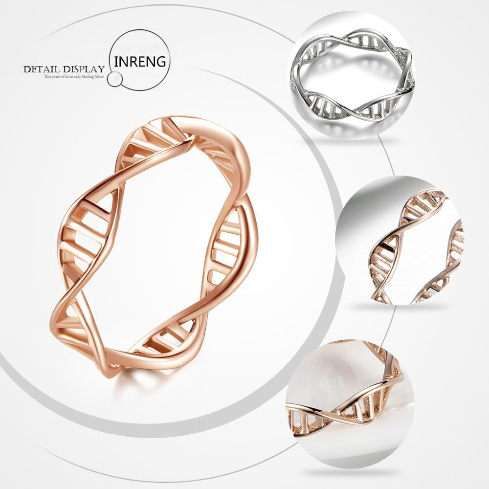 Women’s Stainless Steel DNA Ring – Chemistry Science Molecule Twist Helix Band in Silver, Rose Gold & Gold