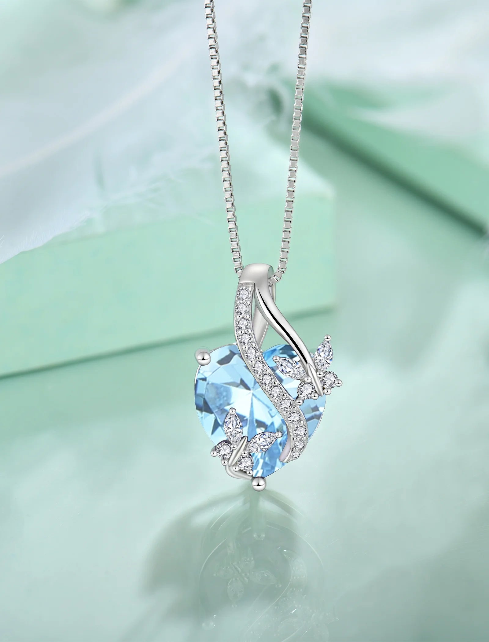 Infinite Heart Pendant Sterling Silver Butterfly Necklace – Women’s Birthstone Jewelry Gift with March Created Aquamarine