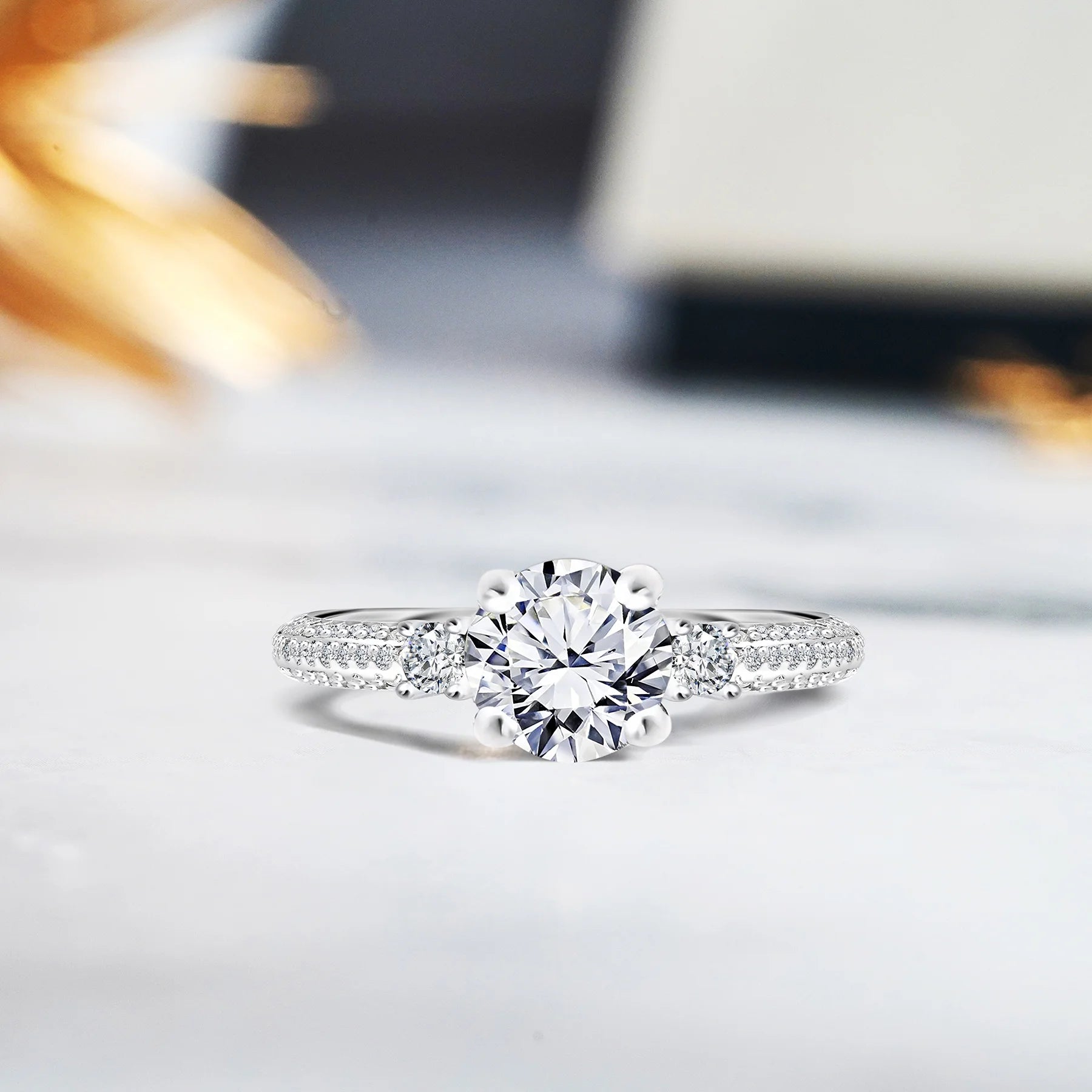 1.75 Carat Round Cut Moissanite Engagement Bridal Set – 3-Stone Trilogy Promise Ring in 18K White Gold over Silver