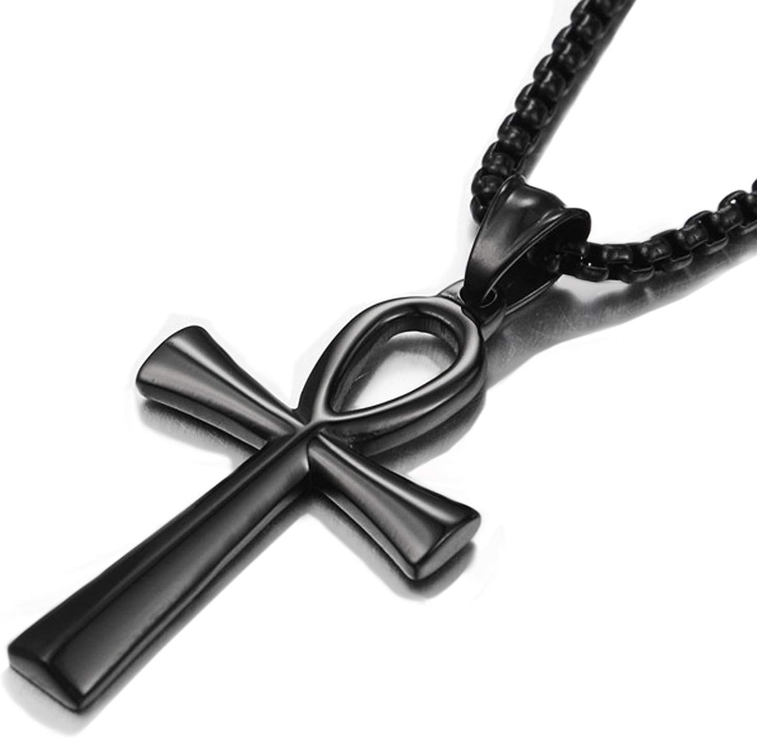 Men’s Cross Necklace – 316L Stainless Steel Jesus Ankh Pendant with Rolo Chain