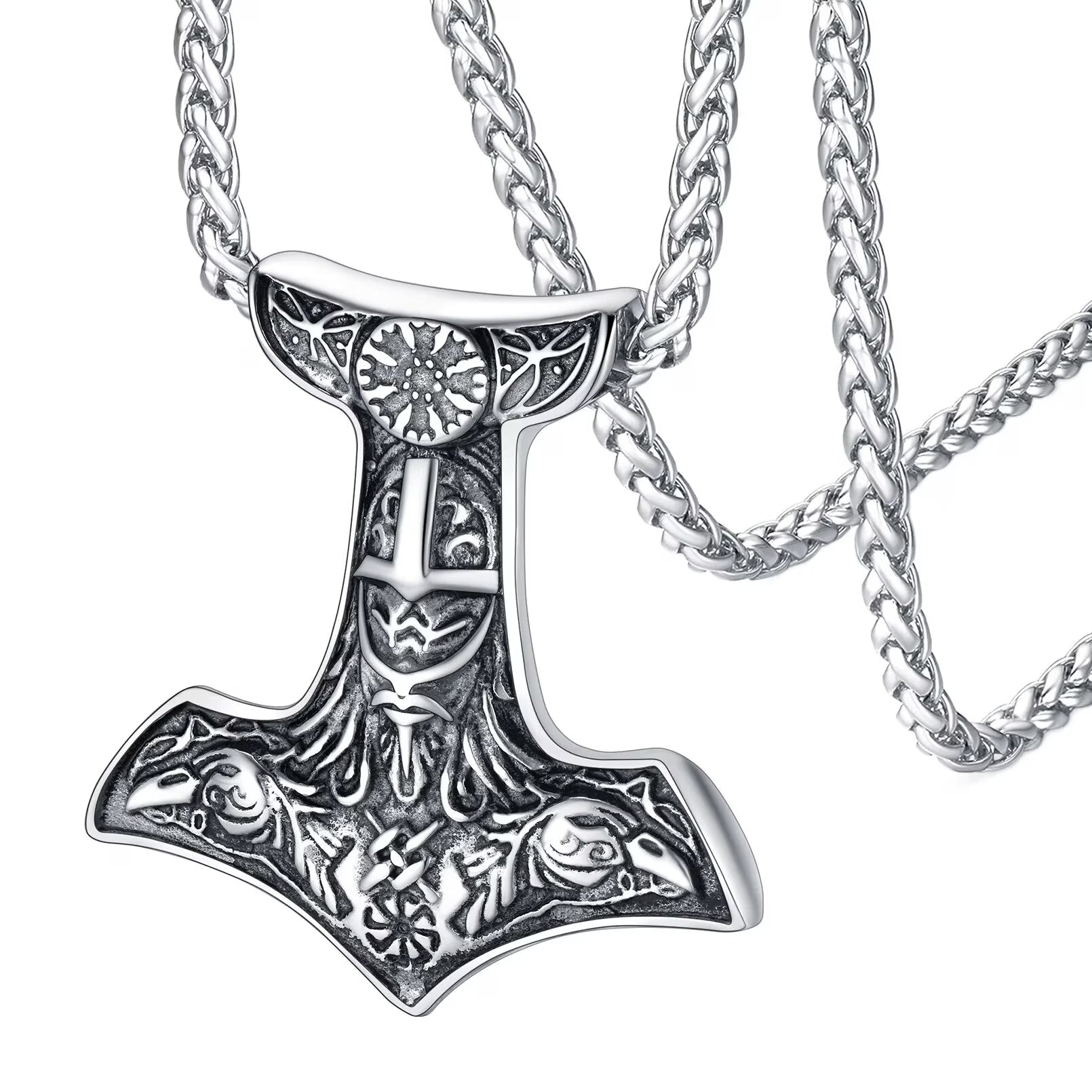 Thor’s Hammer Necklace for Men – Gold Plated Stainless Steel Mjolnir Pendant, Odin & Raven Norse Viking Jewelry