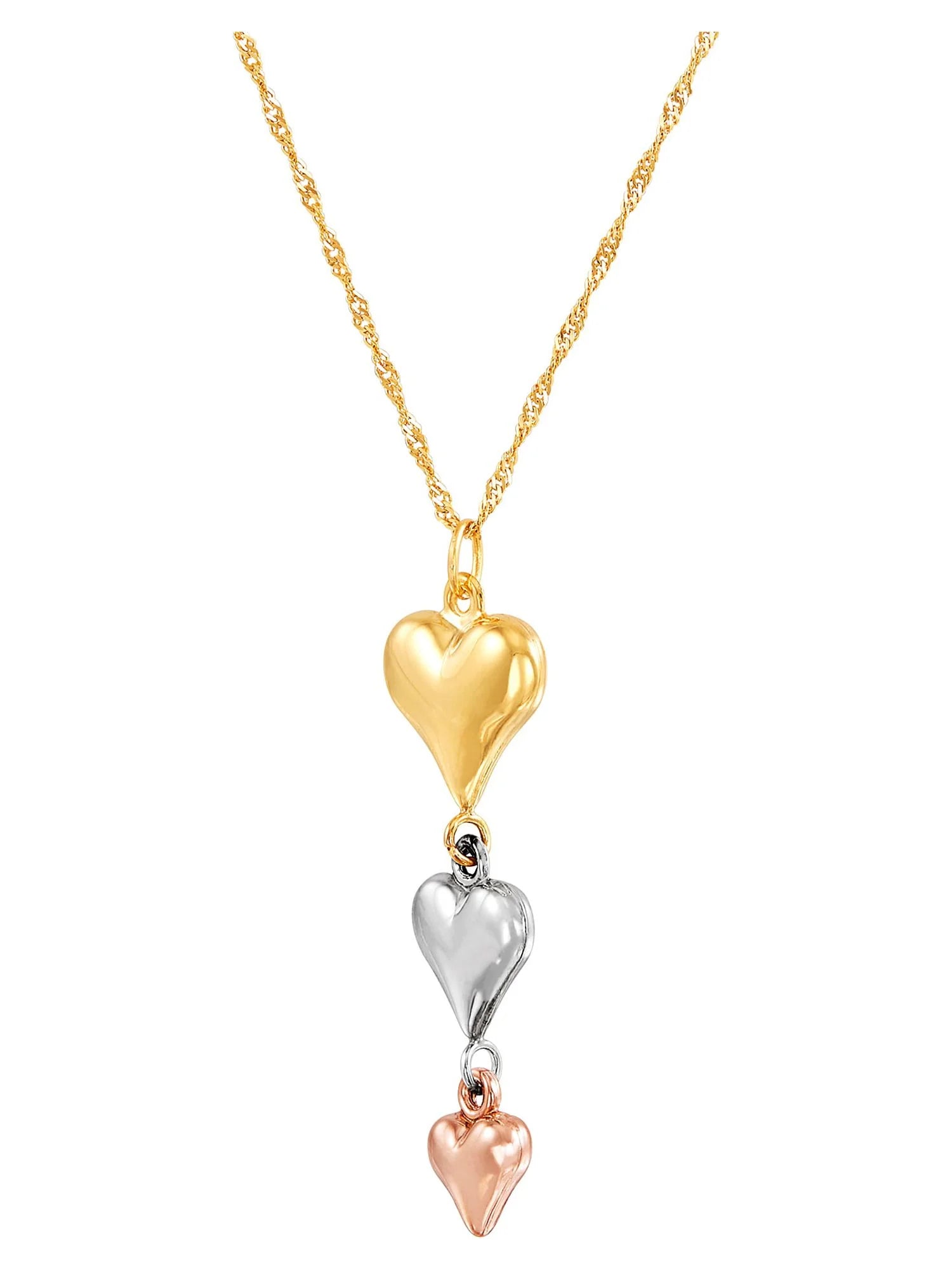 10K Yellow, White & Pink Gold Puffed Heart Necklace – 18"