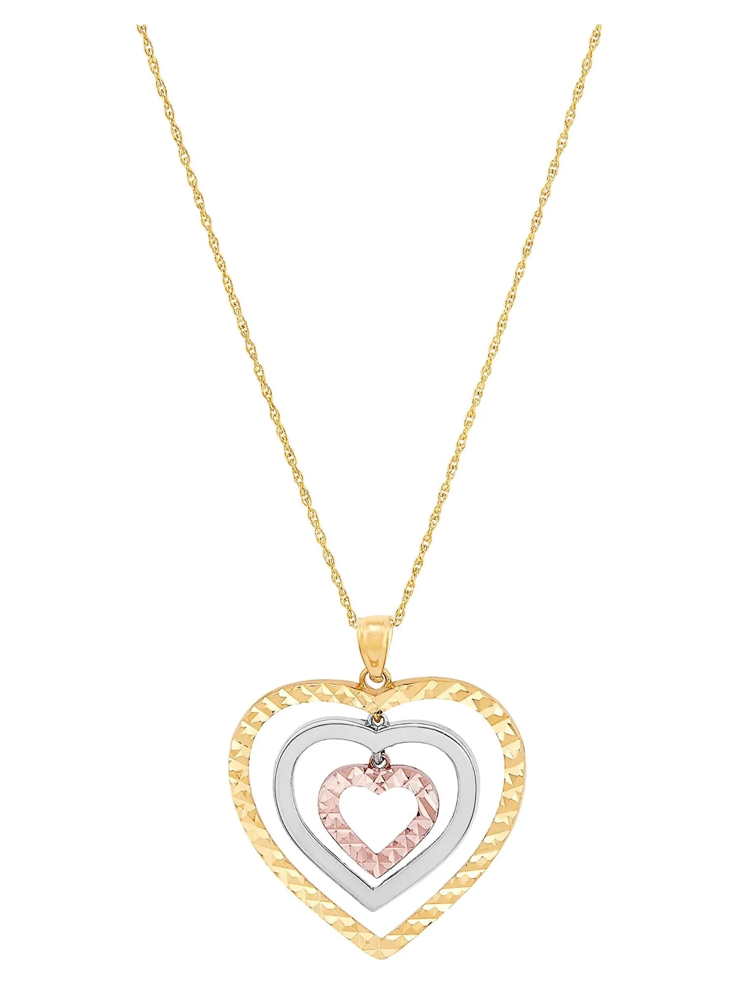 10K Tri-Tone Gold Triple Open Heart Pendant Necklace, 18"