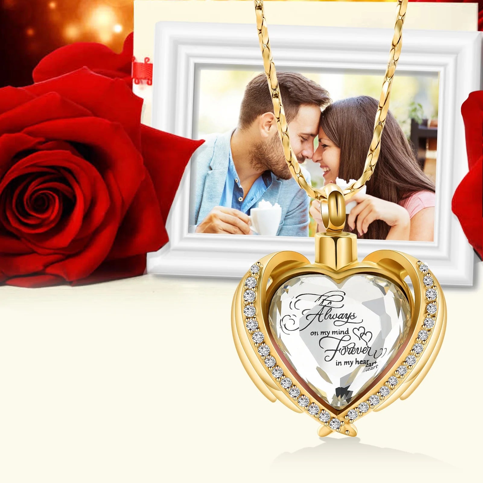 Angel Wing Heart Cremation Urn Necklace – Birthstone Memorial Locket for Human Ashes | Keepsake Jewelry for Women