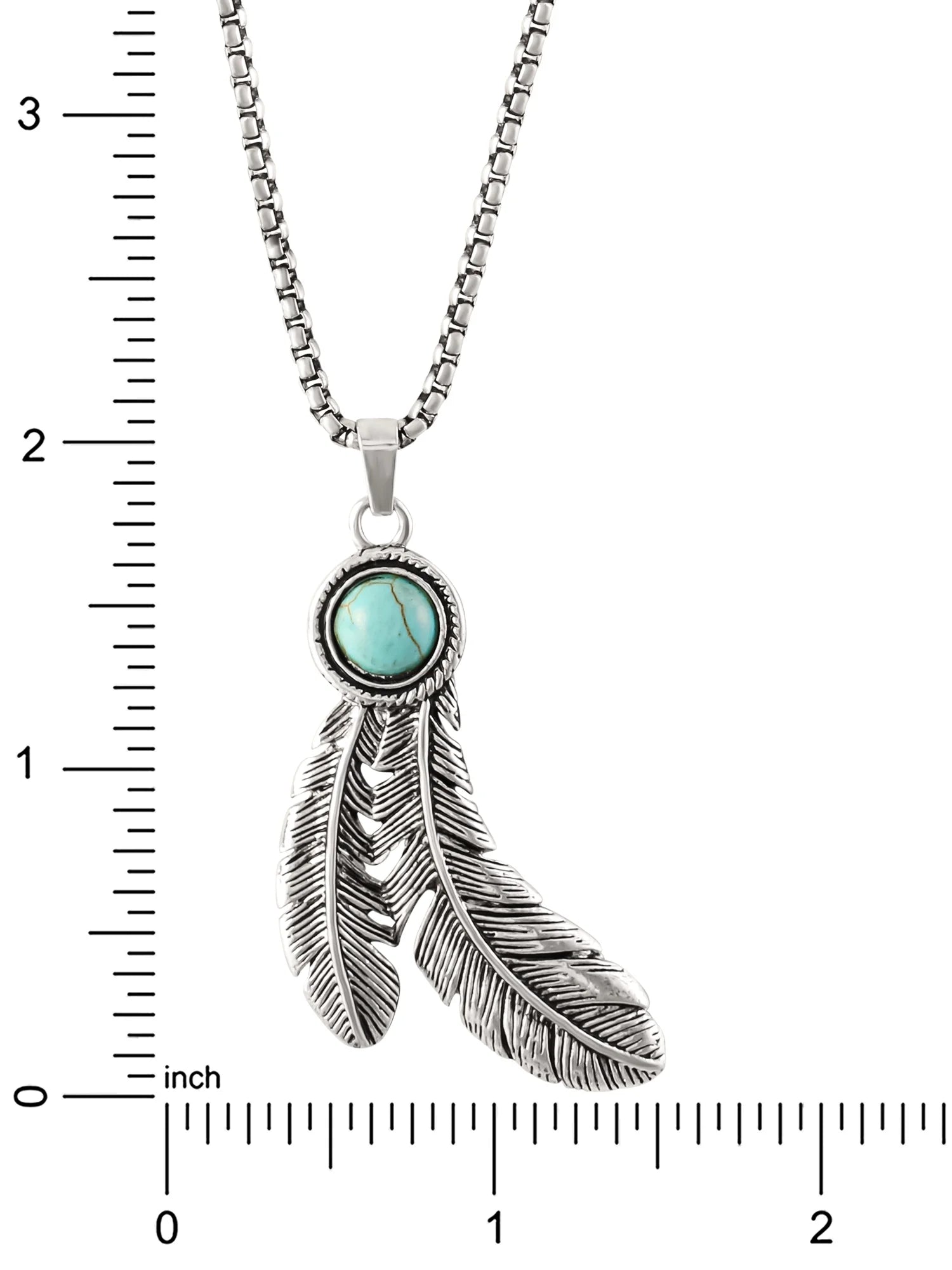Faux Turquoise Feather Necklace – Silver Tone, 28" + 3" Adjustable Chain
