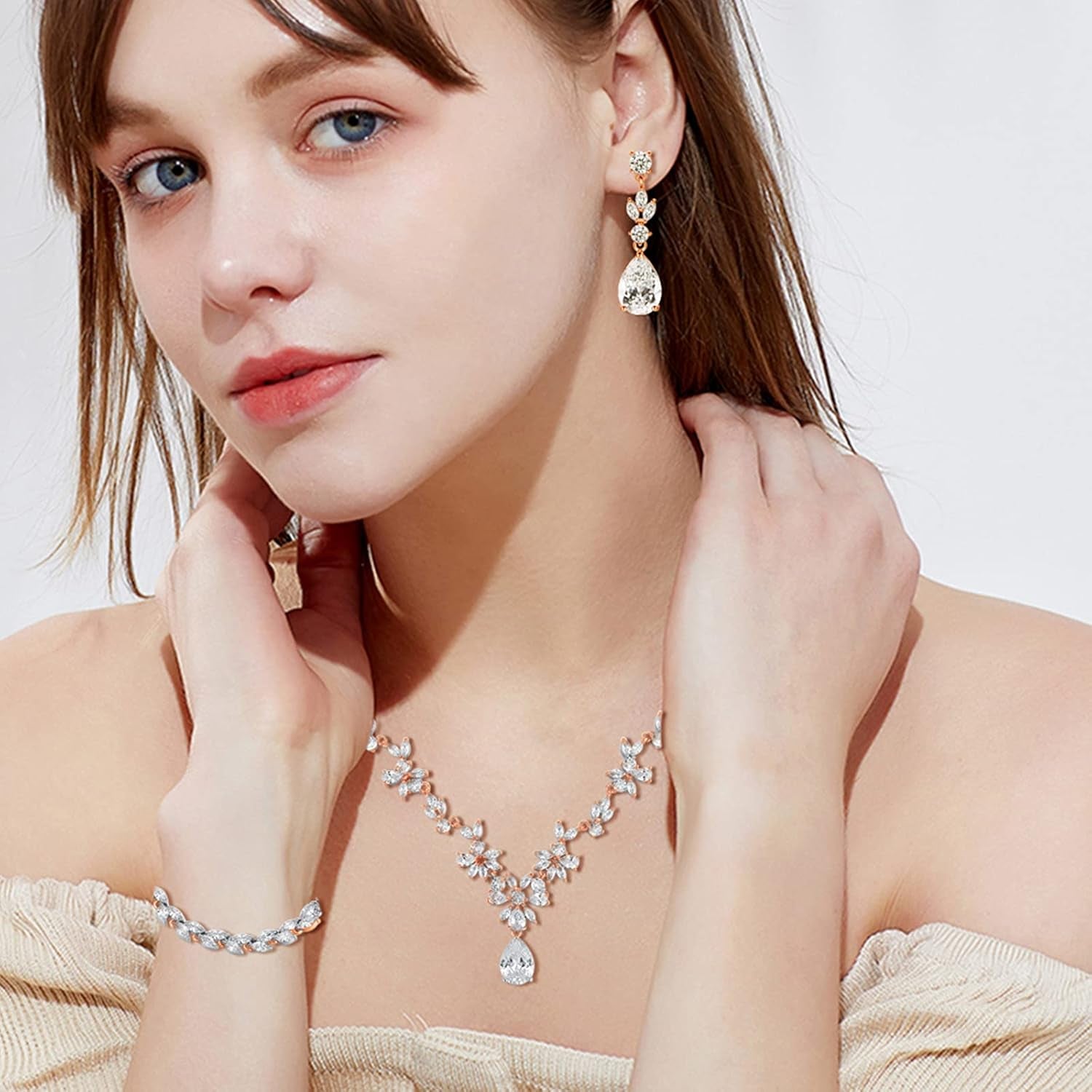 Wedding Jewelry Set – Silver Necklace, Earrings & Bracelet with Clear Cubic Zirconia for Bride & Bridesmaids