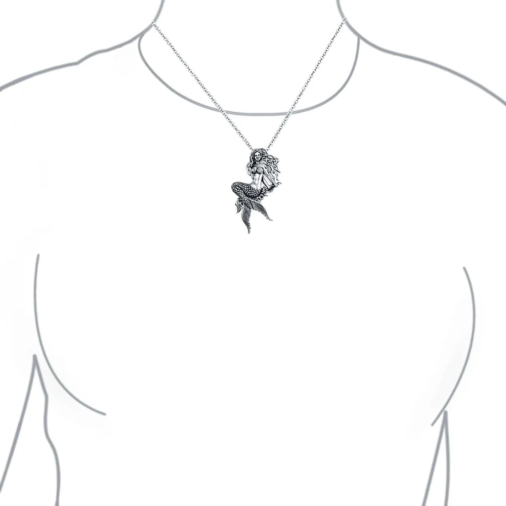 Nautical Sea Siren Mermaid Pendant Necklace – Oxidized Sterling Silver