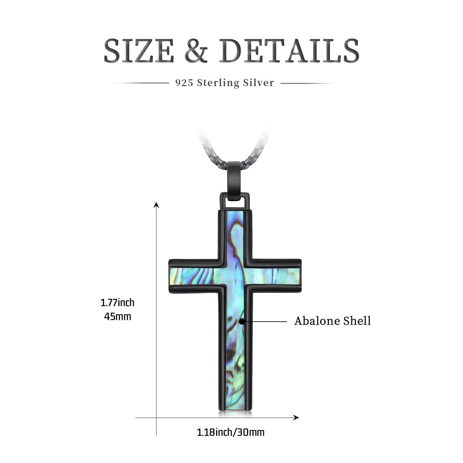 925 Sterling Silver Black Cross Necklace with Abalone Shell Inlay