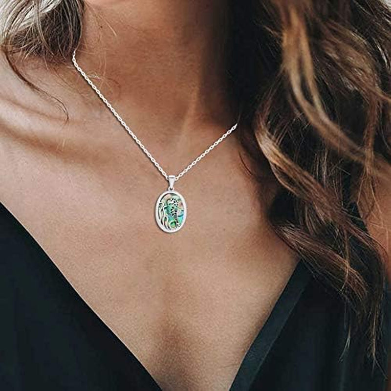 14K White Gold Over Sterling Silver Abalone Shell Animal Pendant Necklaces – Seahorse Jewelry Gift for Her