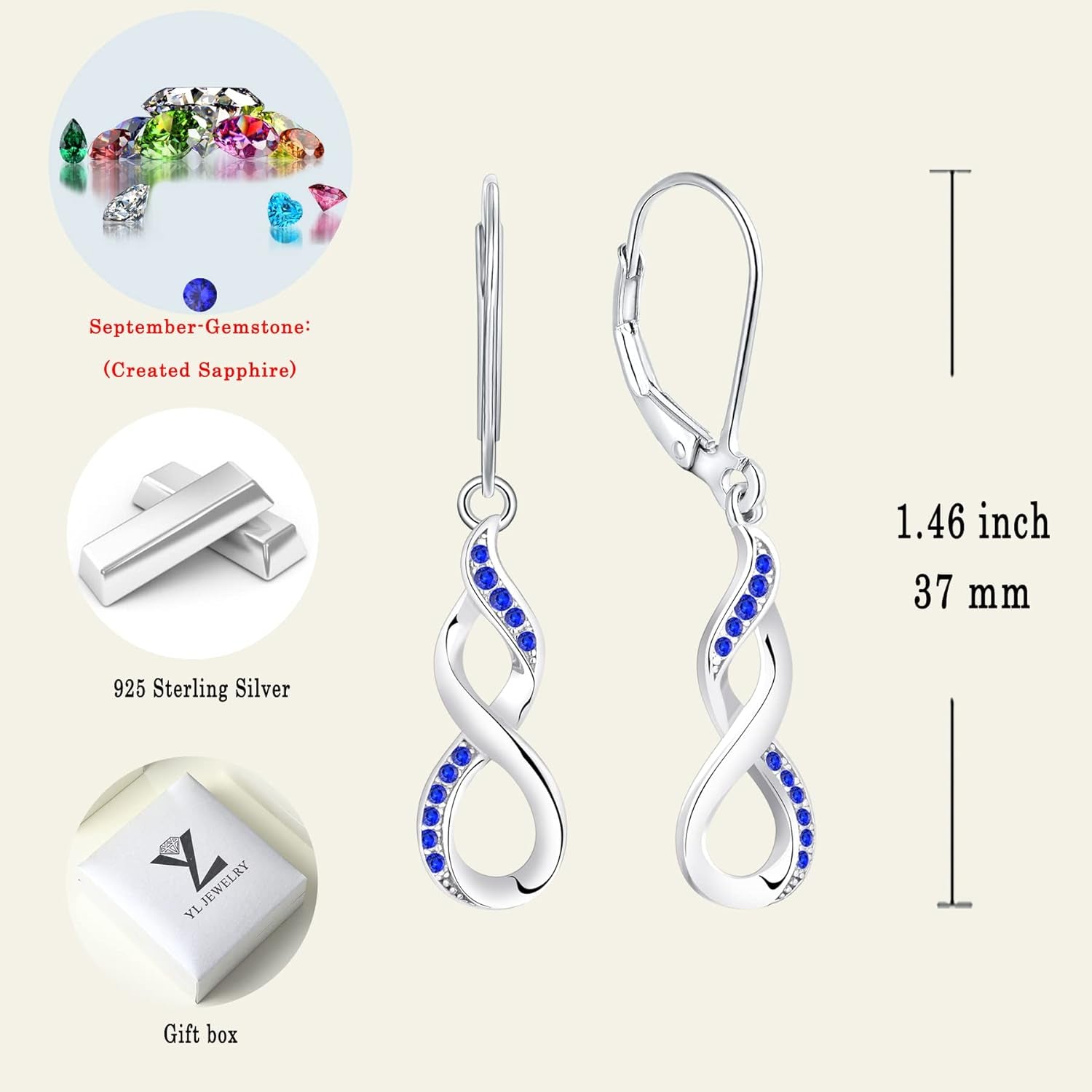 Infinity Dangle Drop Earrings – 925 Sterling Silver Leverback Birthstone Jewelry for Women