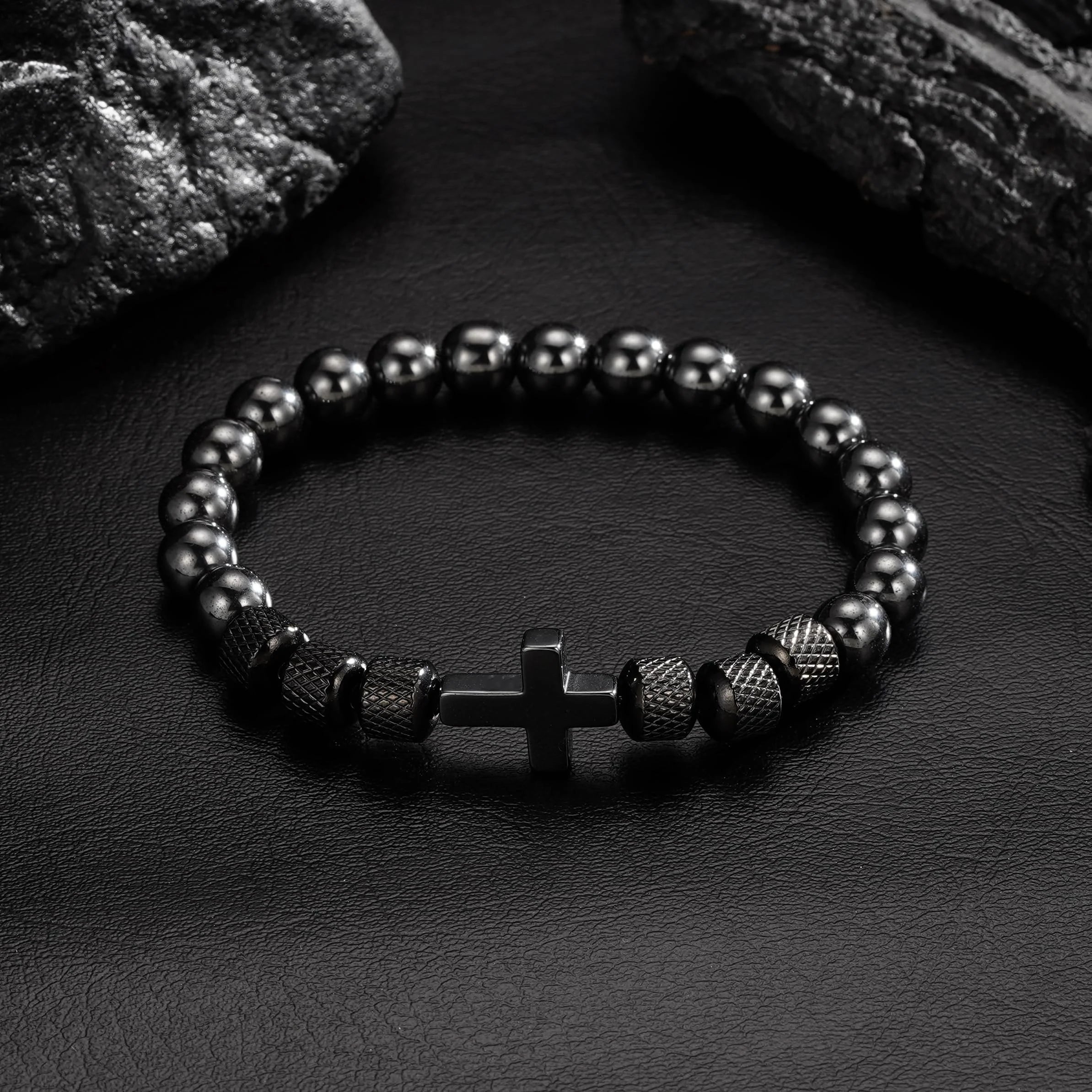 ✝️ Black Cross Bead Bracelet for Men – Obsidian Stone Christian Religious Jewelry Gift for Father, Husband, Son, or Grandpa