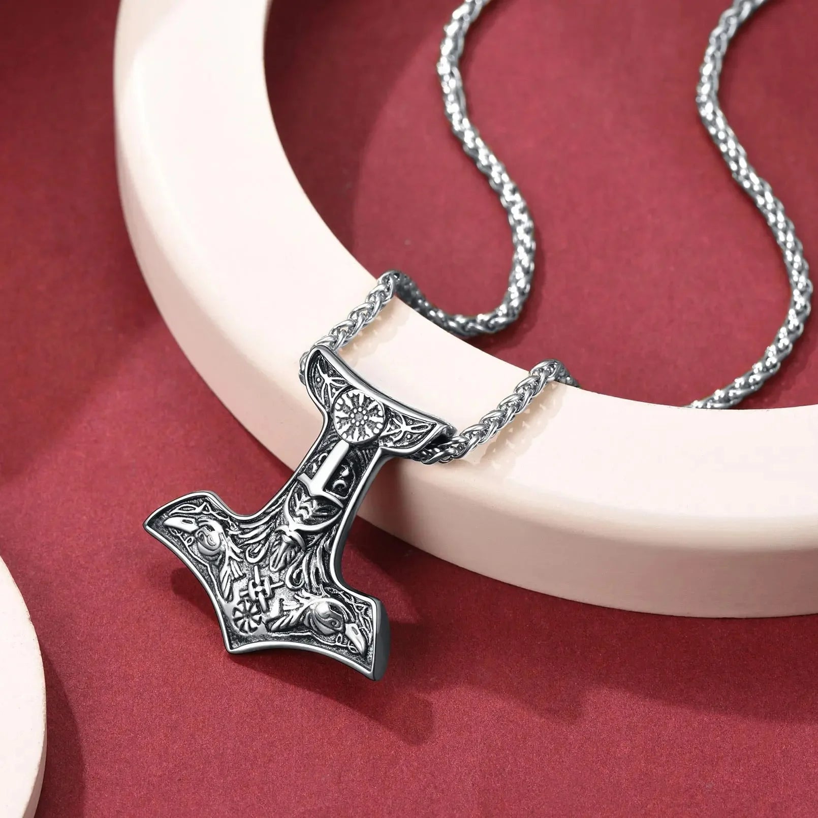 Thor’s Hammer Necklace for Men – Gold Plated Stainless Steel Mjolnir Pendant, Odin & Raven Norse Viking Jewelry