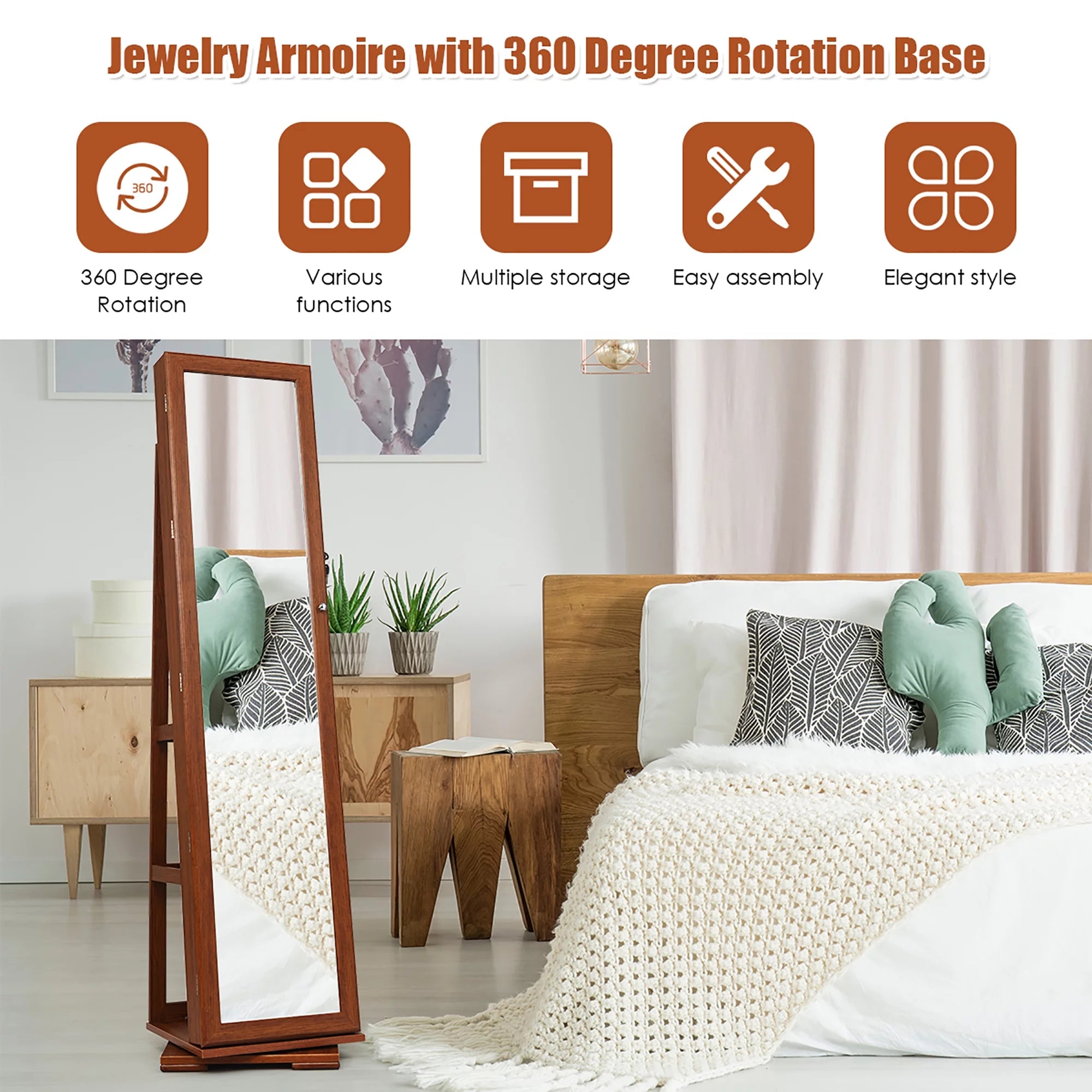 360Degree Rotatable Jewelry Cabinet 2-In-1 Lockable Mirrored Organizer Brown