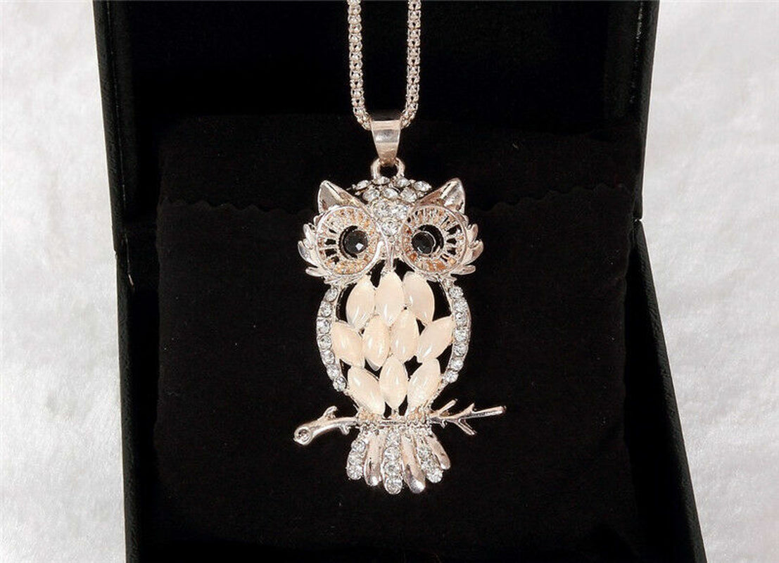 Fashion Sweater Chain Owl Necklace with Opal Stone Pendant – Trendy Sweater Chain Jewelry