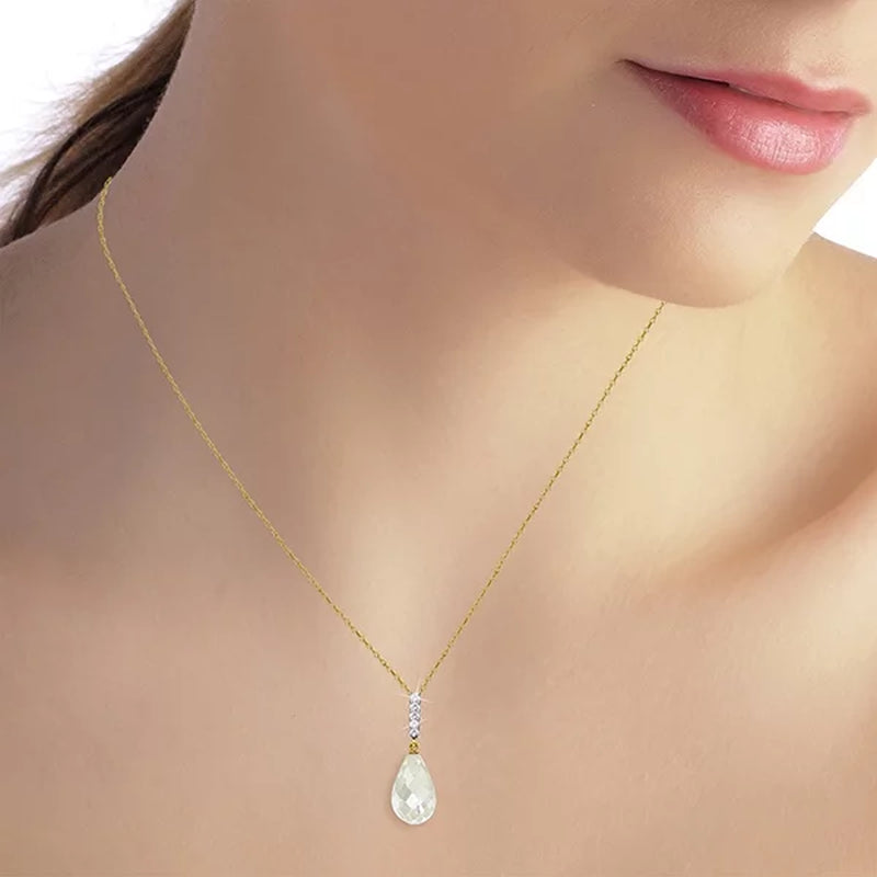 14K Yellow Gold Necklace with Diamond & Briolette Drop White Topaz – 18" Elegant Pendant
