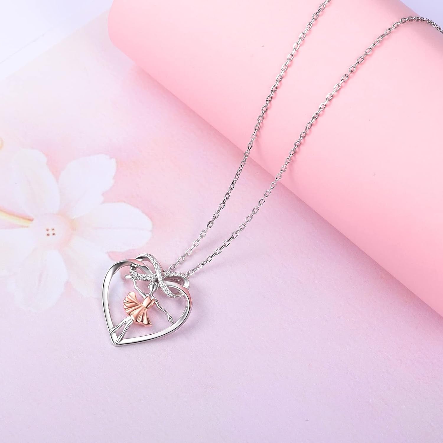 Ballet Dancer Necklace – 925 Sterling Silver Heart Ballerina Infinity CZ Pendant for Women