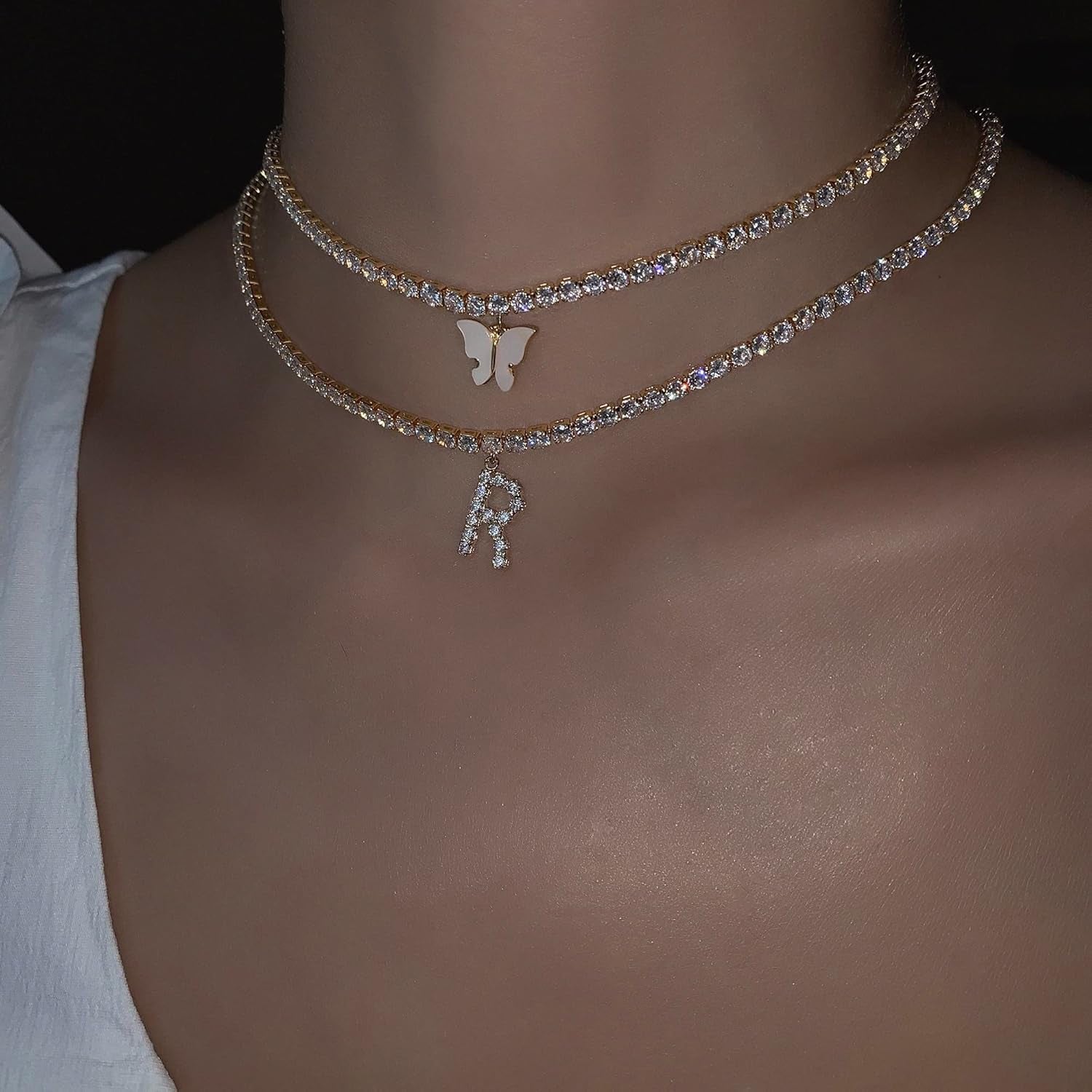 14K Gold Plated Letter Necklace – Iced Out CZ Initial Pendant on Tennis Chain Choker for Women
