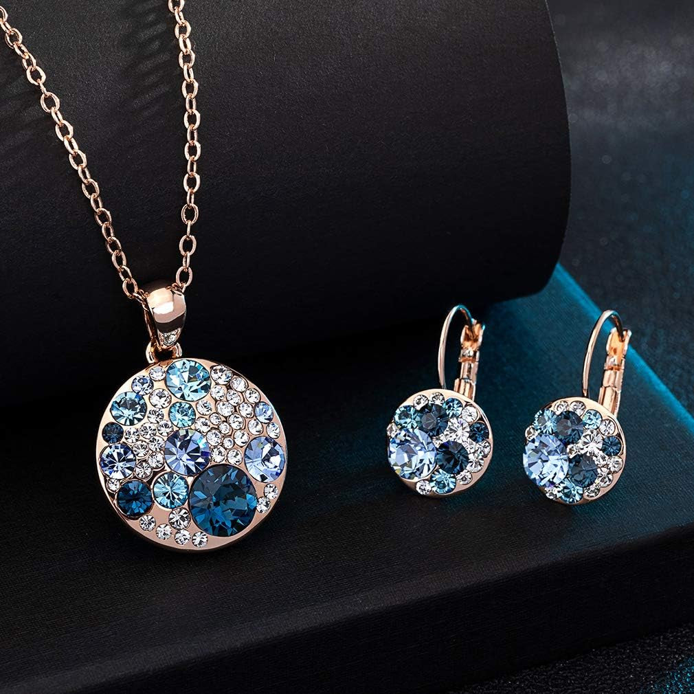 Austrian Crystal Round Disc Pendant Necklace & Earrings Set – 14K Gold Plated, Hypoallergenic Jewelry for Women
