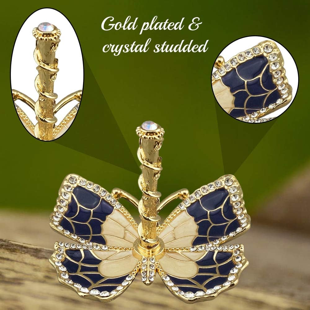 Blue Enamel & Gold Plated Butterfly Jewelry Stand Organizer Ring Holder with Sparkling Crystals