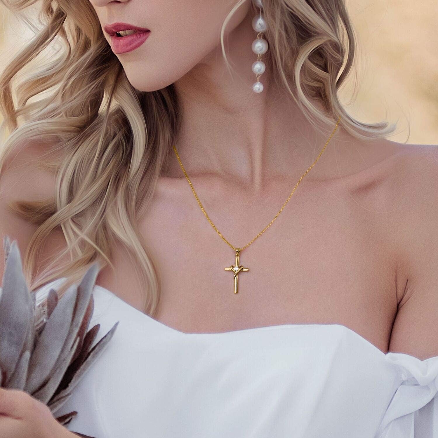925 Sterling Silver Cross Necklace for Women Men 5A CZ Birthstone Necklaces 14K Gold Plated or Rose Gold Necklace for Easter or Mother&