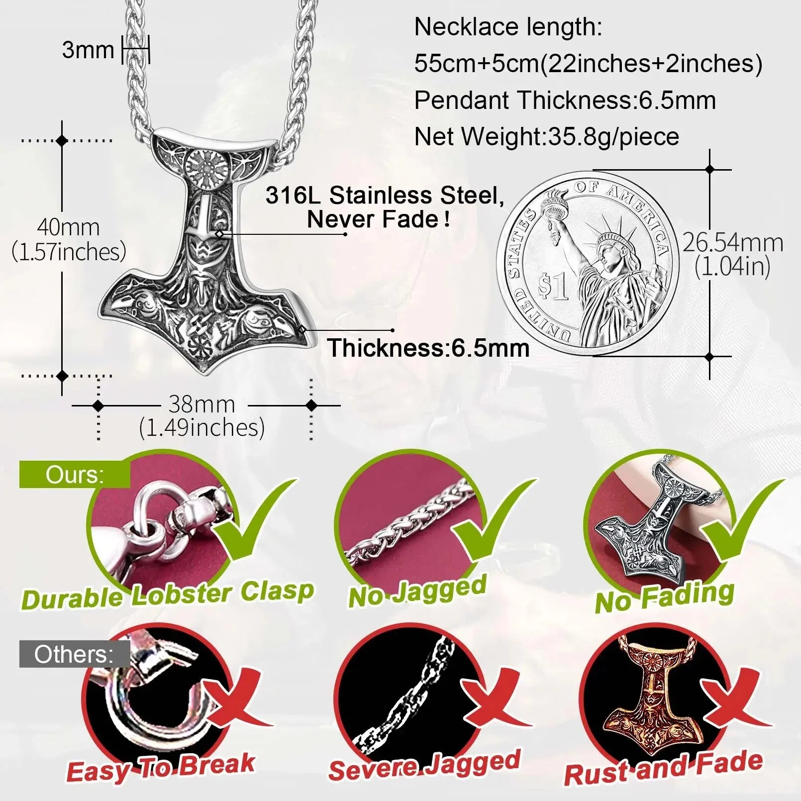 Thor’s Hammer Necklace for Men – Gold Plated Stainless Steel Mjolnir Pendant, Odin & Raven Norse Viking Jewelry