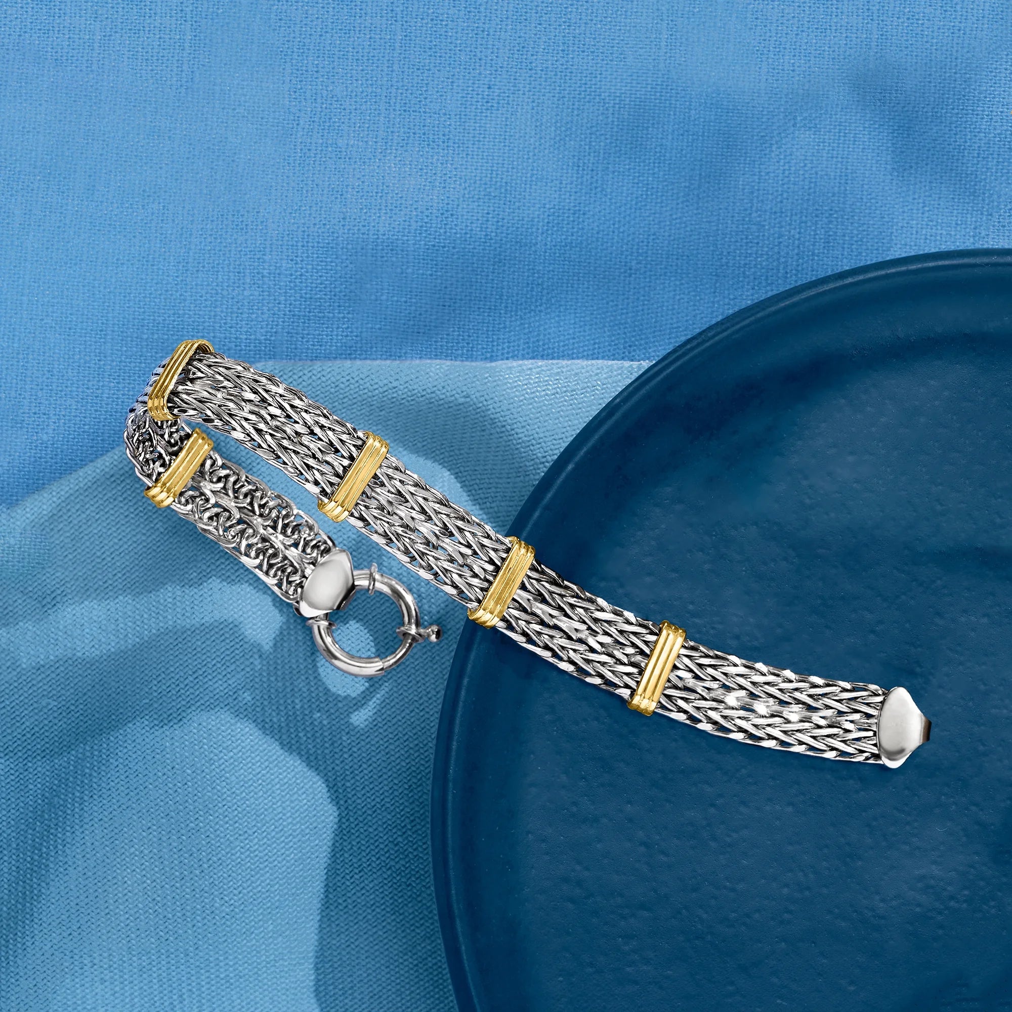Two-Tone Double Wheat-Link Bracelet – Sterling Silver & 14K Gold Over Sterling, Women’s Adult