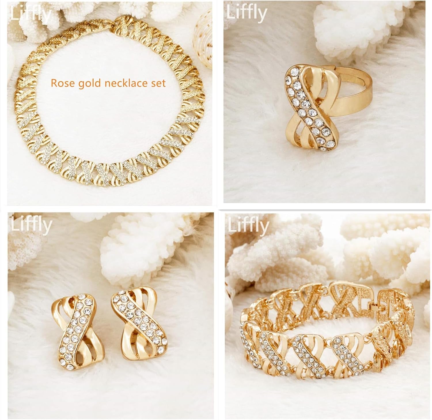 Liffly 18K Gold Tone Crystal Jewelry Set – Necklace, Earrings, Bracelet & Adjustable Ring for Women