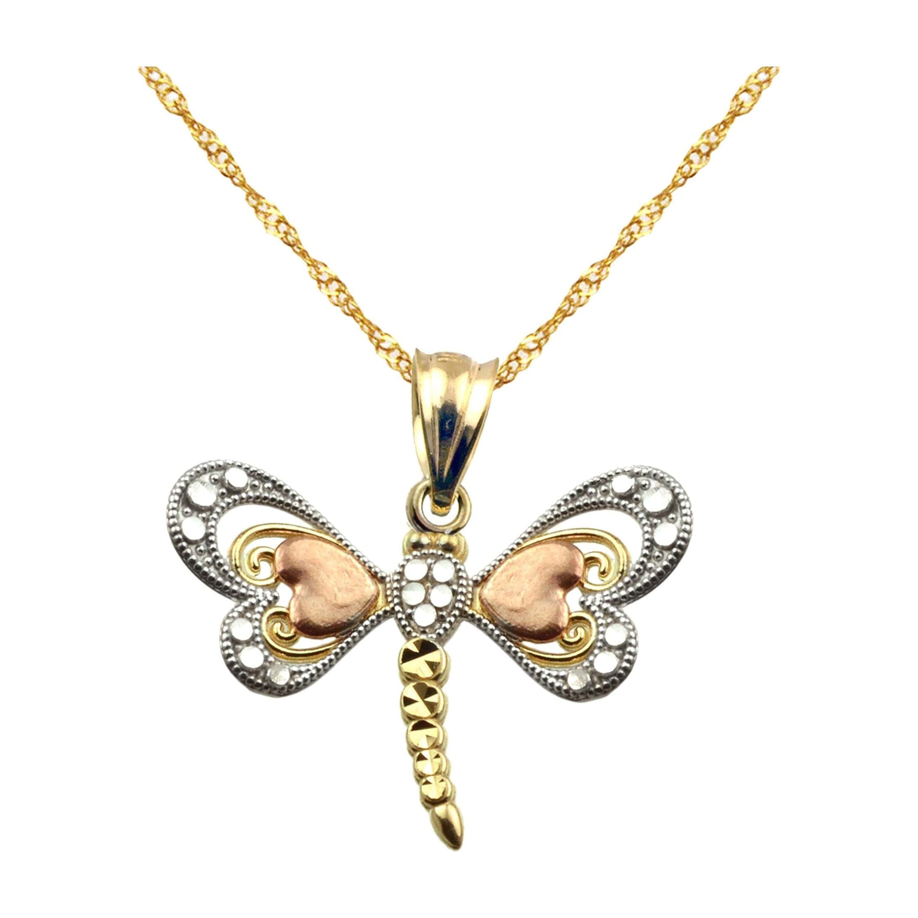 US GOLD Handcrafted 10Kt Tri-Color Gold Dragonfly Charm Pendant – Yellow, Rose & White Gold