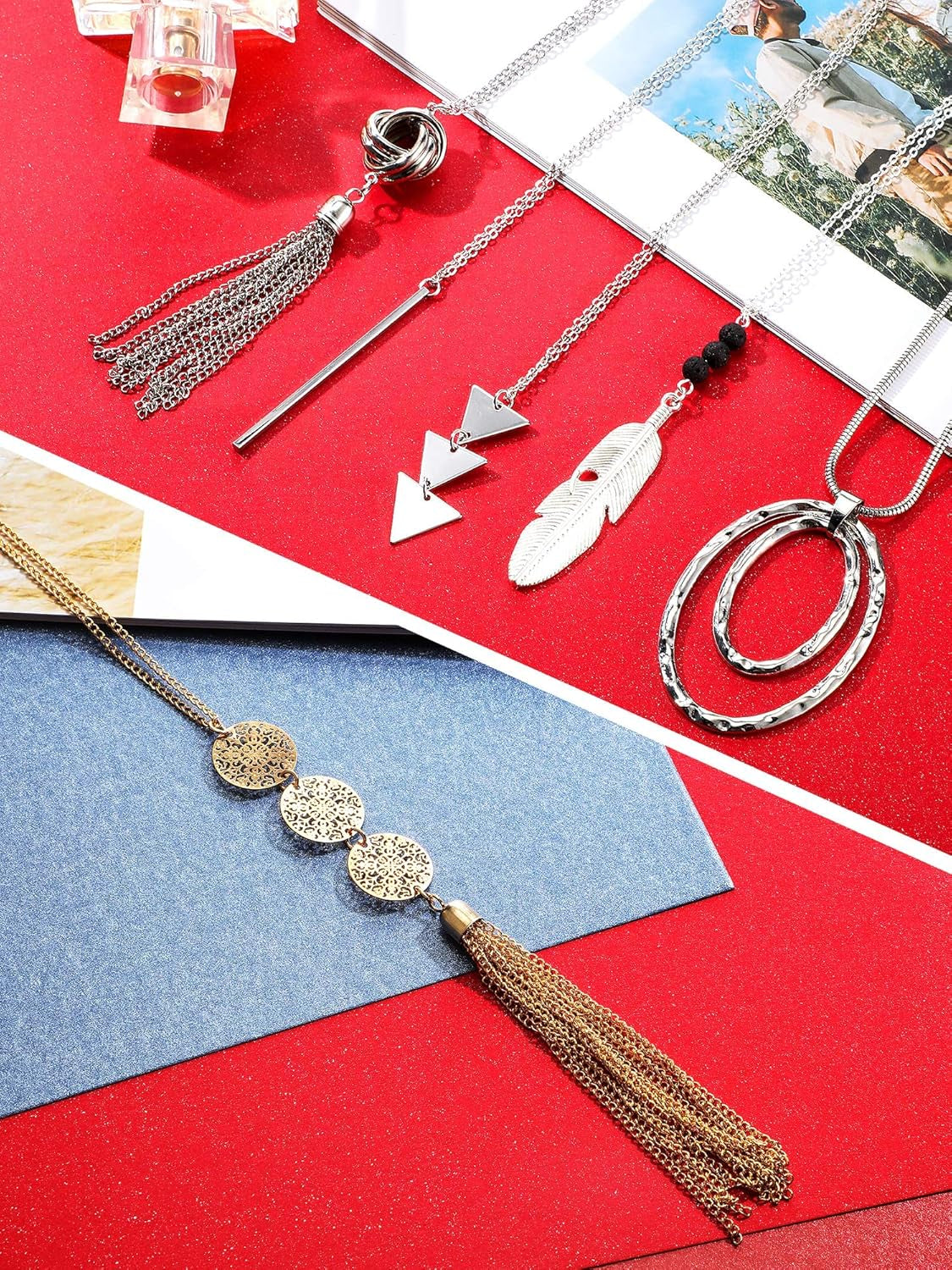 12-Piece Long Pendant Necklace Set for Women – Y Tassel, Leaf, Circle & Bar Layered Necklaces