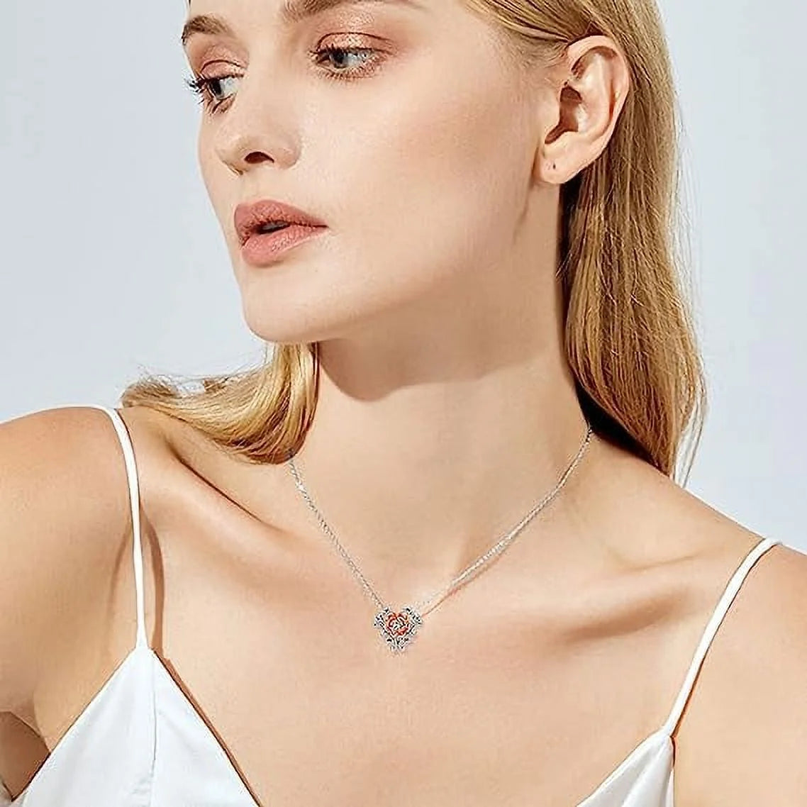 925 Sterling Silver Rose Flower Heart Pendant Necklace – Elegant Jewelry for Women