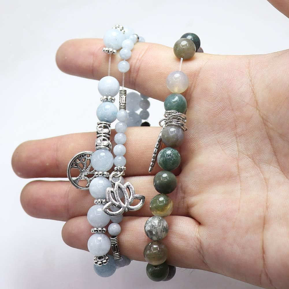 Tree of Life Yoga Healing Stone Bracelets – Multilayer Lotus Chakra Reiki Natural Crystal Stone Set for Women, Anxiety & Stress Relief