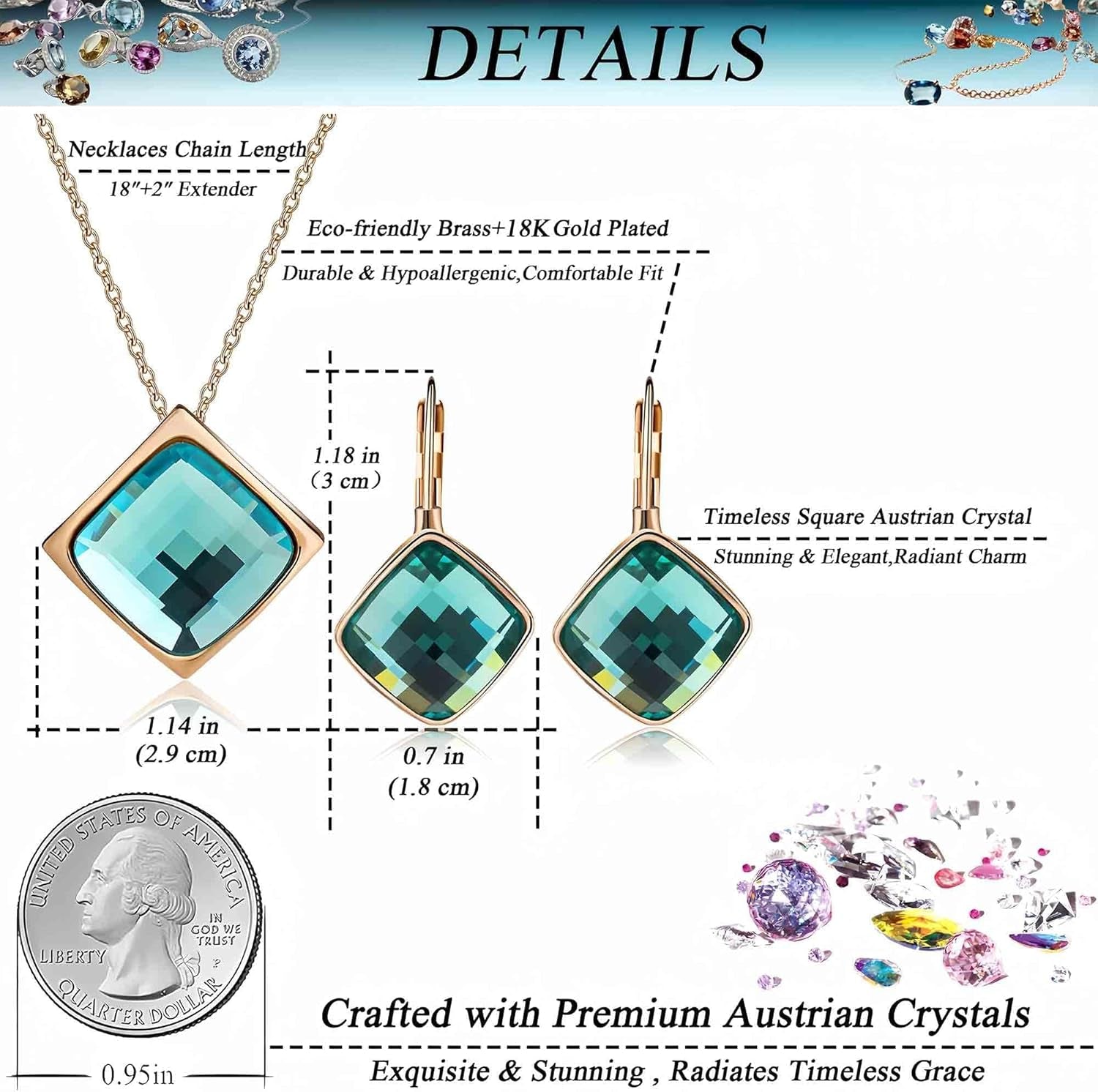 Square Austrian Crystal Necklace & Earrings Set for Women – 18K Gold Plated Hypoallergenic Fashion Jewelry