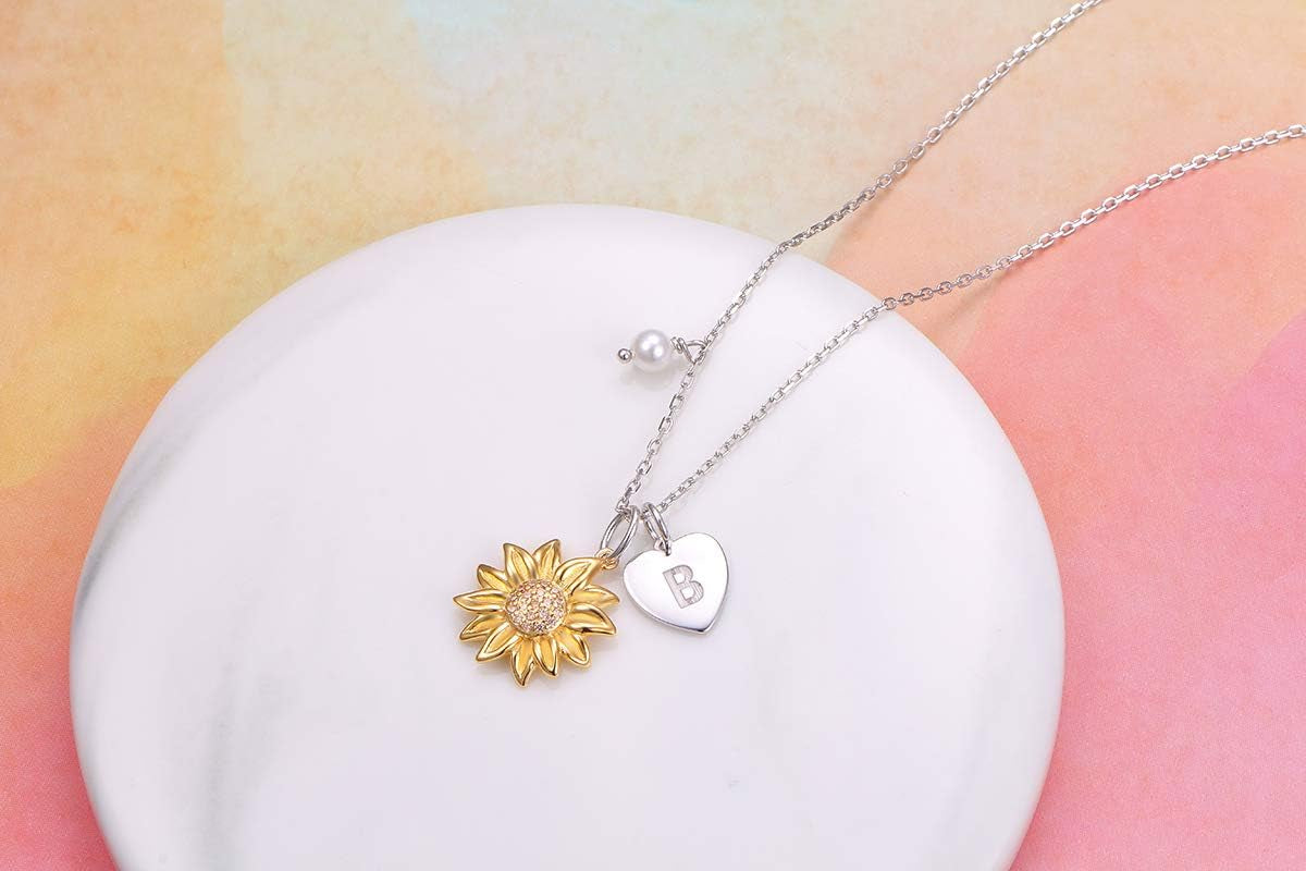 Sterling Silver Gold Tone Sunflower Initial Necklace – Personalized A–Z Script Alphabet Pendant for Women & Girls
