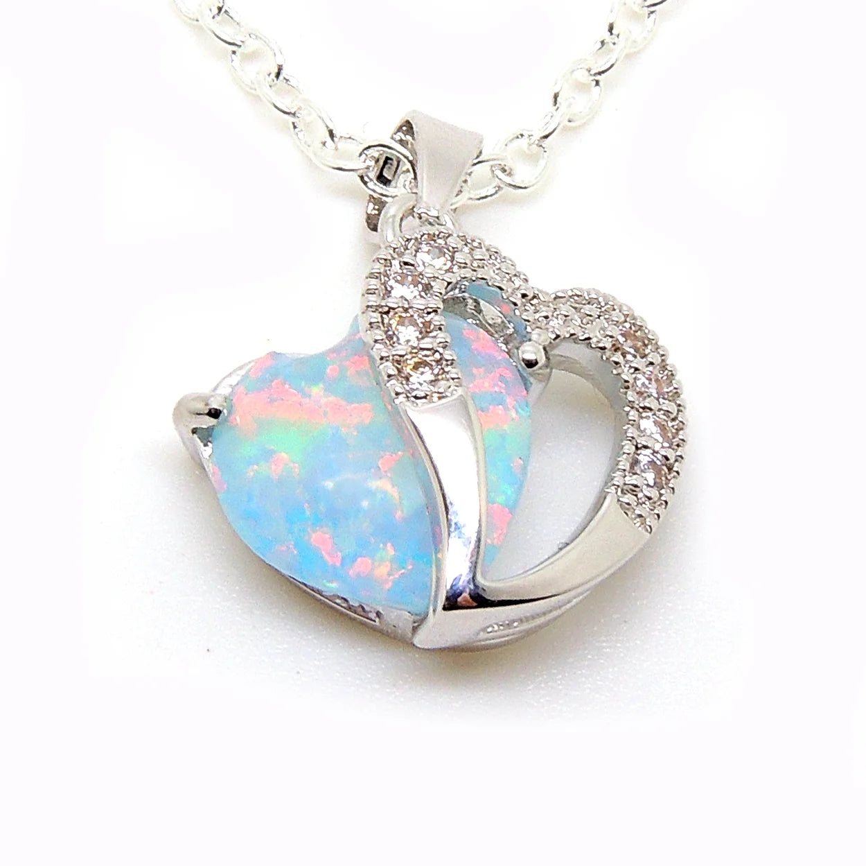 Heart Shape Fire Opal CZ Pendant Chain Necklace for Women – Elegant Sparkling Jewelry Gift