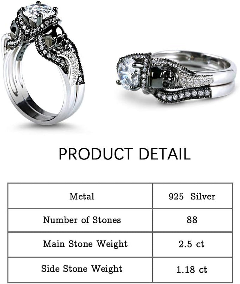 3.68 Carat Skull Bridal Ring Set for Women – Two-Tone Sterling Silver Twist Band with White Diamond CZ, Black Plated Engagement & Promise Ring with Gift Box