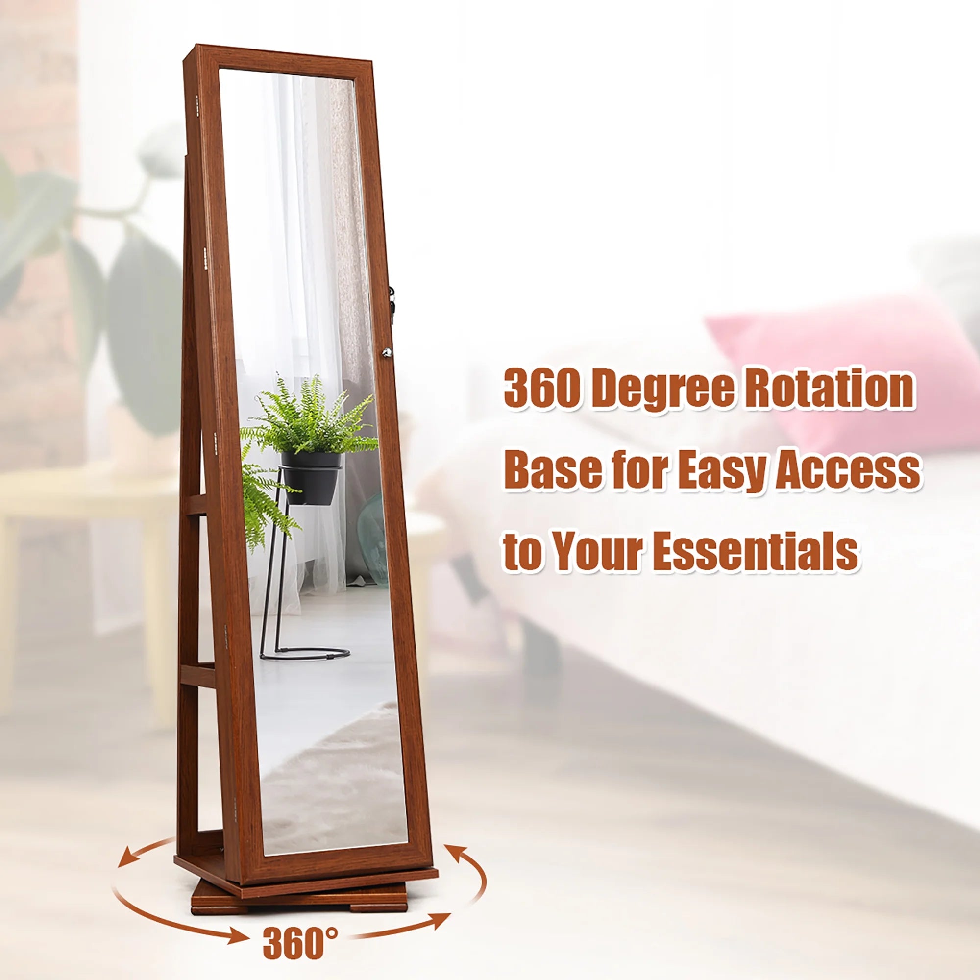 360Degree Rotatable Jewelry Cabinet 2-In-1 Lockable Mirrored Organizer Brown