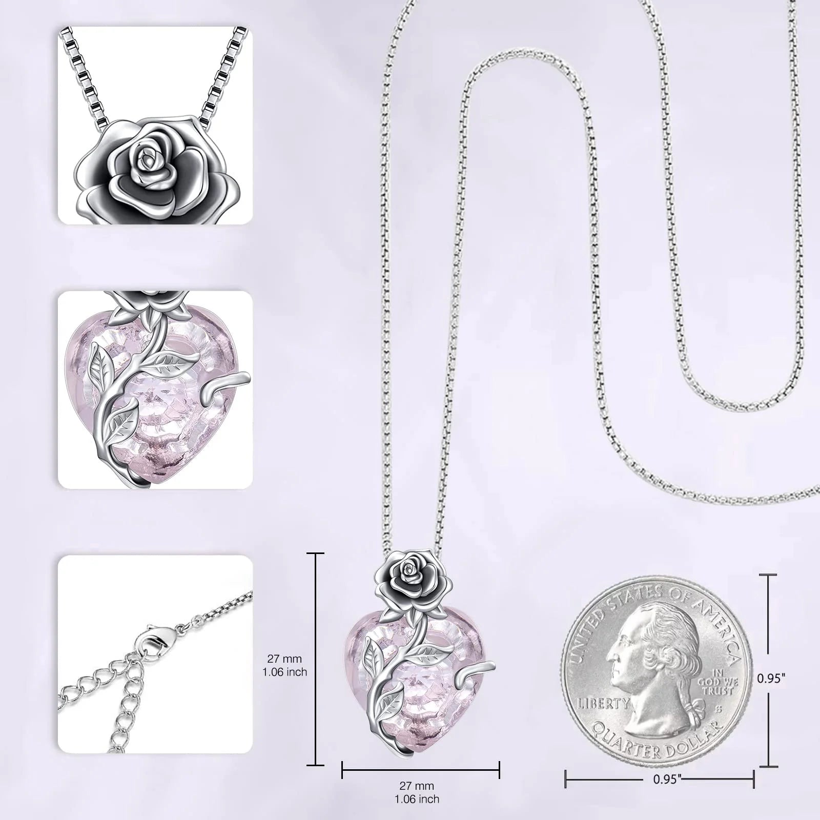 S925 Sterling Silver October Birthstone Necklace – Pink Tourmaline Blooming Rose Heart Pendant Gift for Women