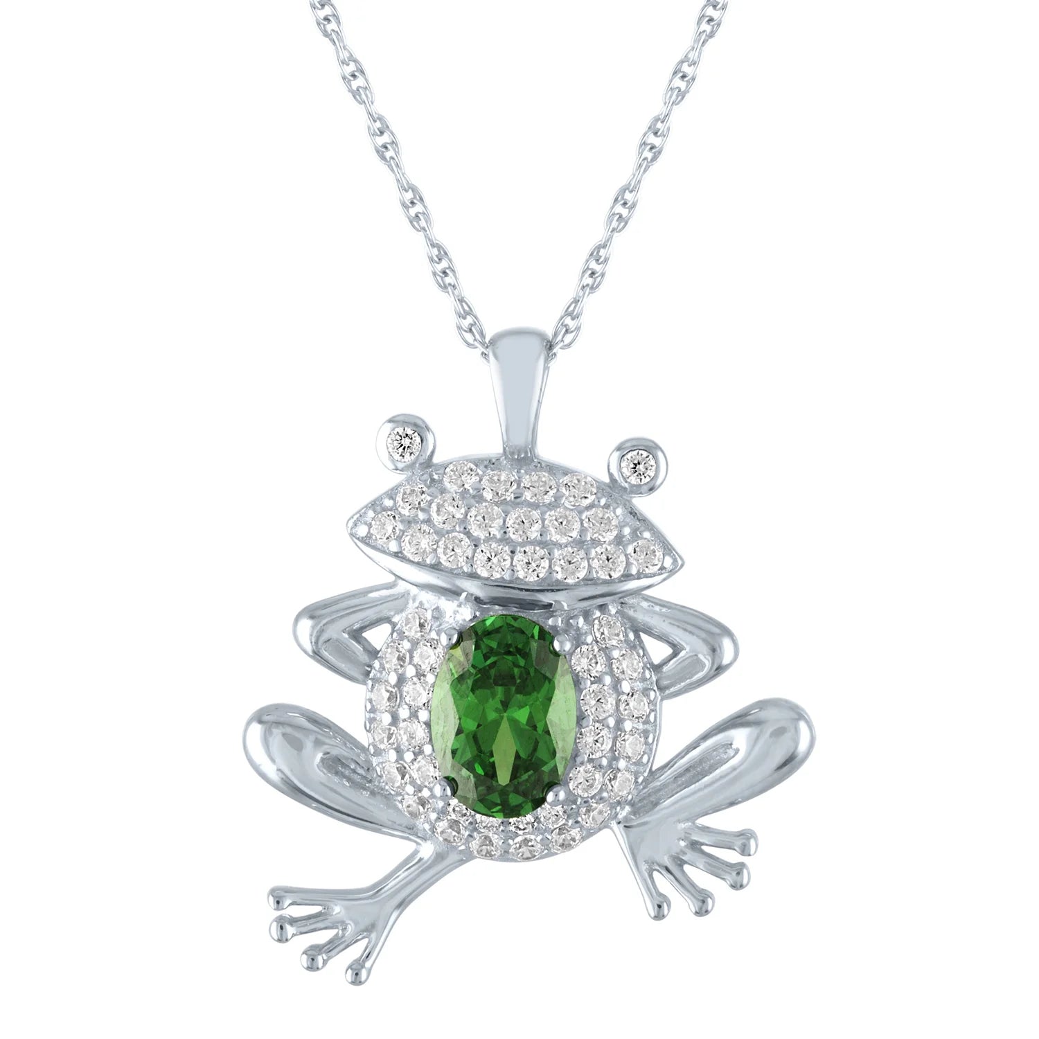 Frog Pendant Necklace – Simulated Emerald & Cubic Zirconia in Sterling Silver, 18”