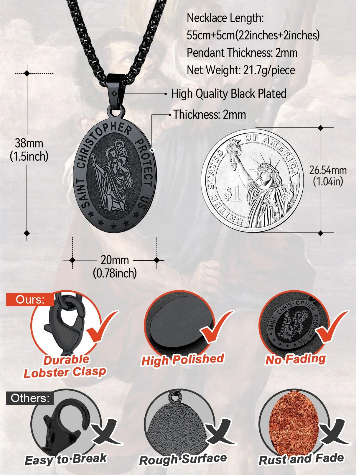 Saint/St. Christopher Pendant Necklace for Men Women Stainless Steel Catholic Christian Oval Medal Blessings Amulet Black Men Jewelry Gift for Dad Grandpa Fathers Day